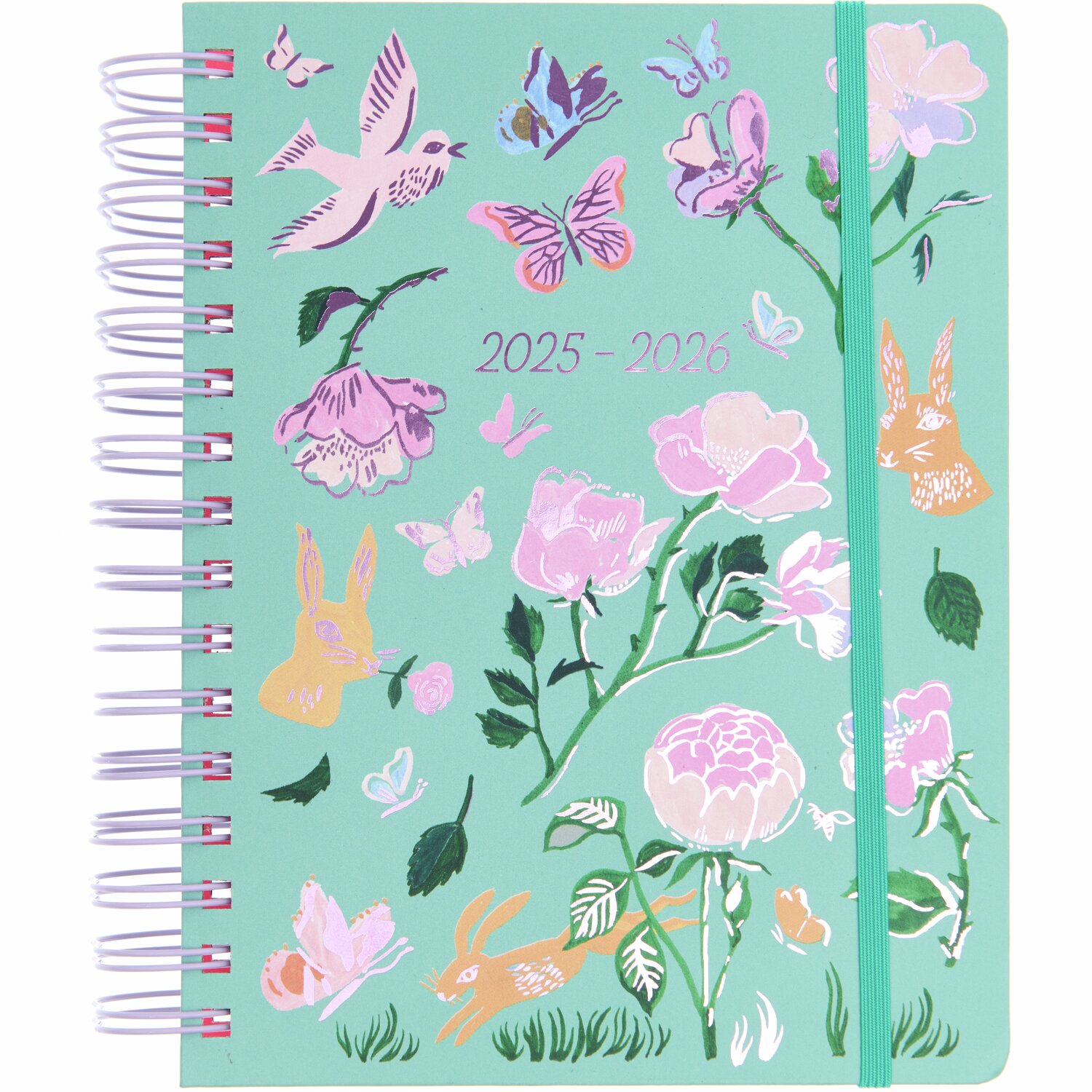 Paper Poetry Agenda 2025/2026 La Vie en Rose mit floralen Mustern und Tieren auf grünem DIN A5 Cover. Ideal für kreative Planung.