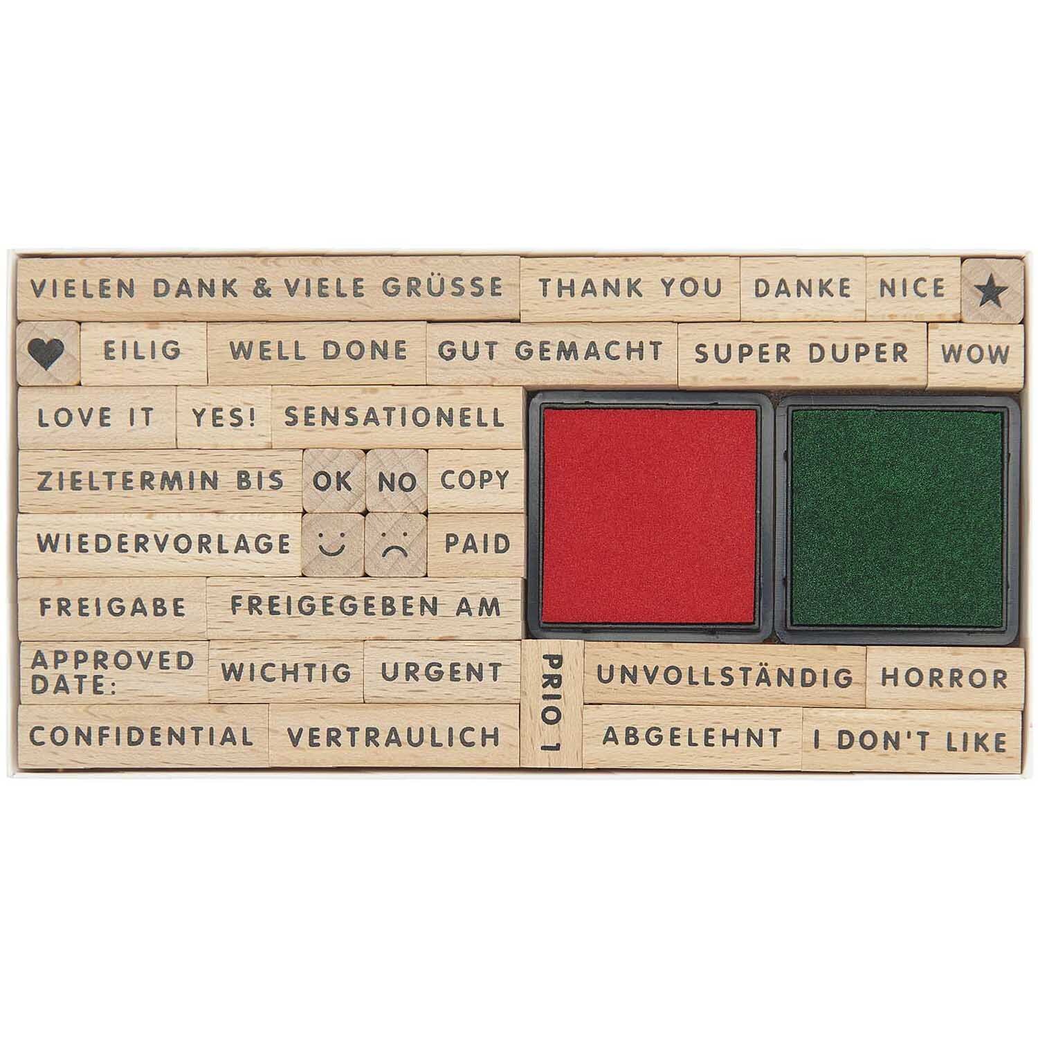 Paper Poetry Stempelset Professional, 36-teilig, mit roten und grünen Stempelkissen von Rico Design. Enthält diverse Stempel mit Texten und Symbolen.