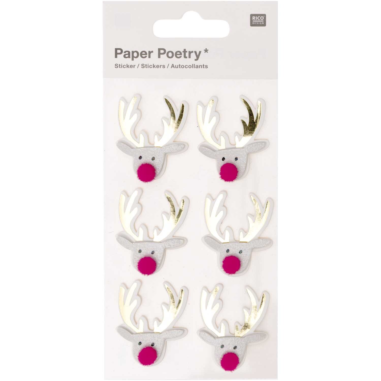 Paper Poetry 3D-Sticker Jolly Christmas Rentier, 6 Stück, zeigen niedliche Rentierköpfe mit roten Nasen und goldenen Geweihen. Ideal für festliche Dekorationen.