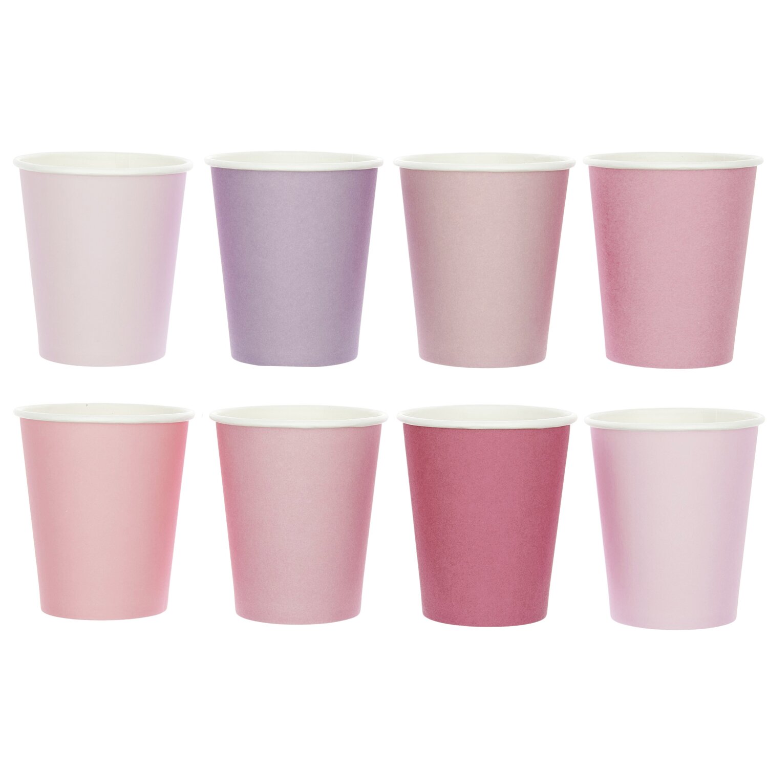 Pappbecher Mix Rosa: Acht rosa Pappbecher von Rico Design in verschiedenen Tönen, 250ml Fassungsvermögen.