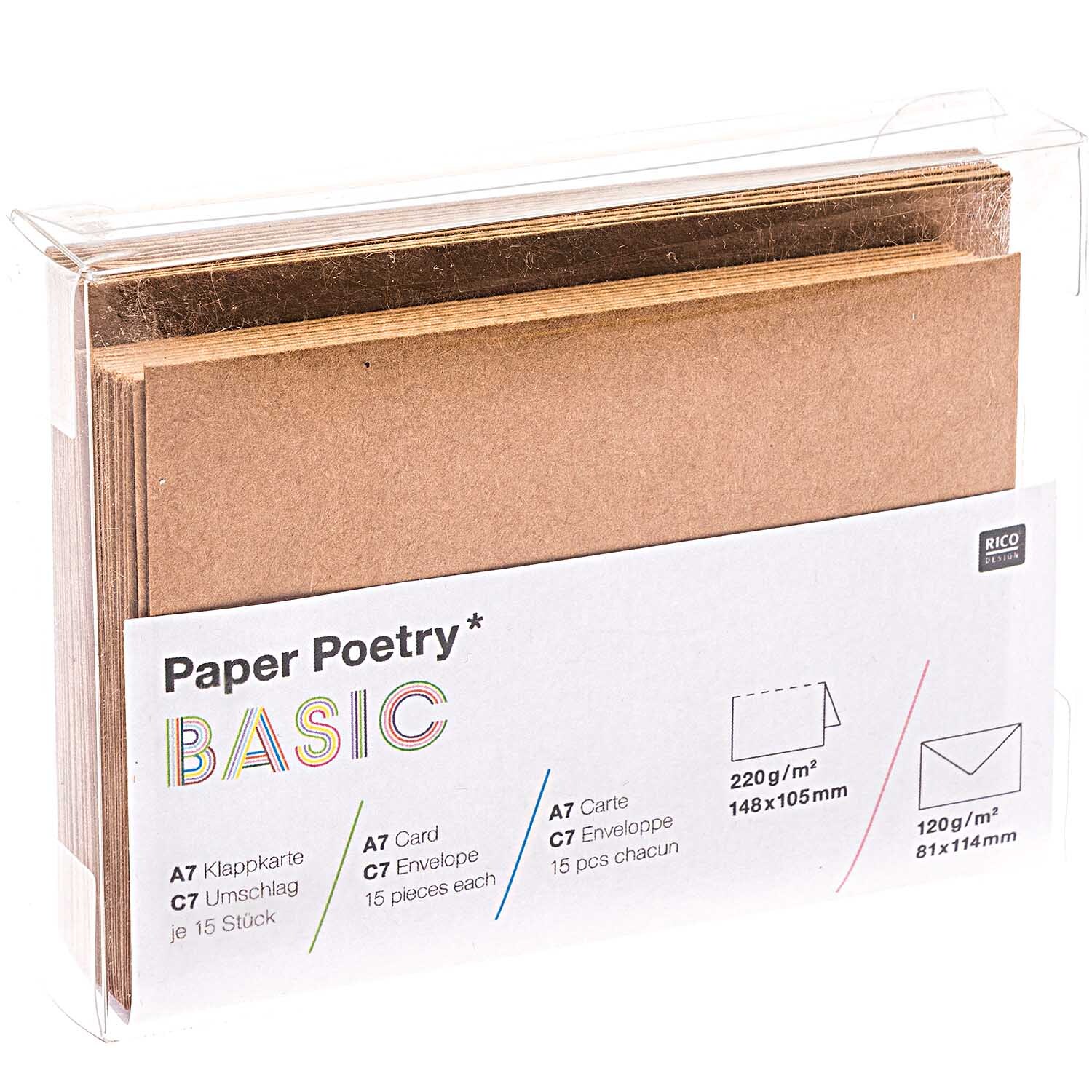 Paper Poetry Kartenset Basic Kraftpapier C7/A7, 30-teilig, in Braun von Rico Design, zeigt Karten und Umschläge in einer transparenten Verpackung.
