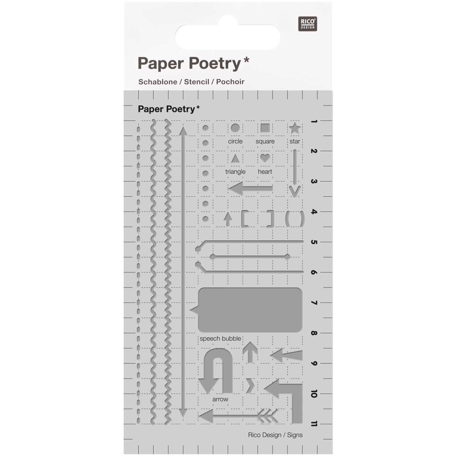 Paper Poetry Bullet Diary Schablone Pfeile 7x12cm mit verschiedenen Formen und Pfeilen von Rico Design.