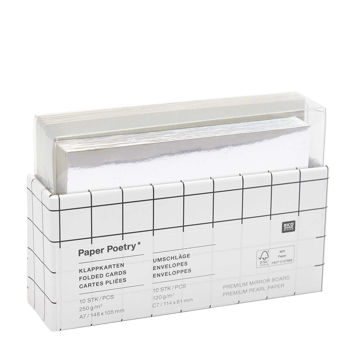 Paper Poetry Kartenset Spiegelkarton silber A7/C7 20-teilig von Rico Design Paper Poetry Kartenset Spiegelkarton in Silber, 20-teilig, von Rico Design. Zeigt Klappkarten und Umschläge in einer transparenten Verpackung.