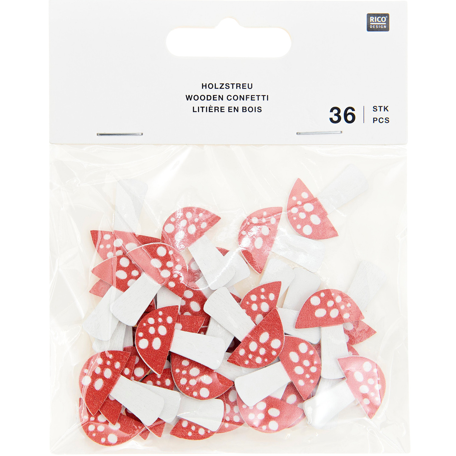 Holzstreu Fliegenpilz 36 Stück, 20x25mm Farbe Weiß-rot von Rico Design Holzstreu Fliegenpilz von Rico Design, 36 Stück, 20x25mm, zeigt weiß-rote Pilzdekorationen.