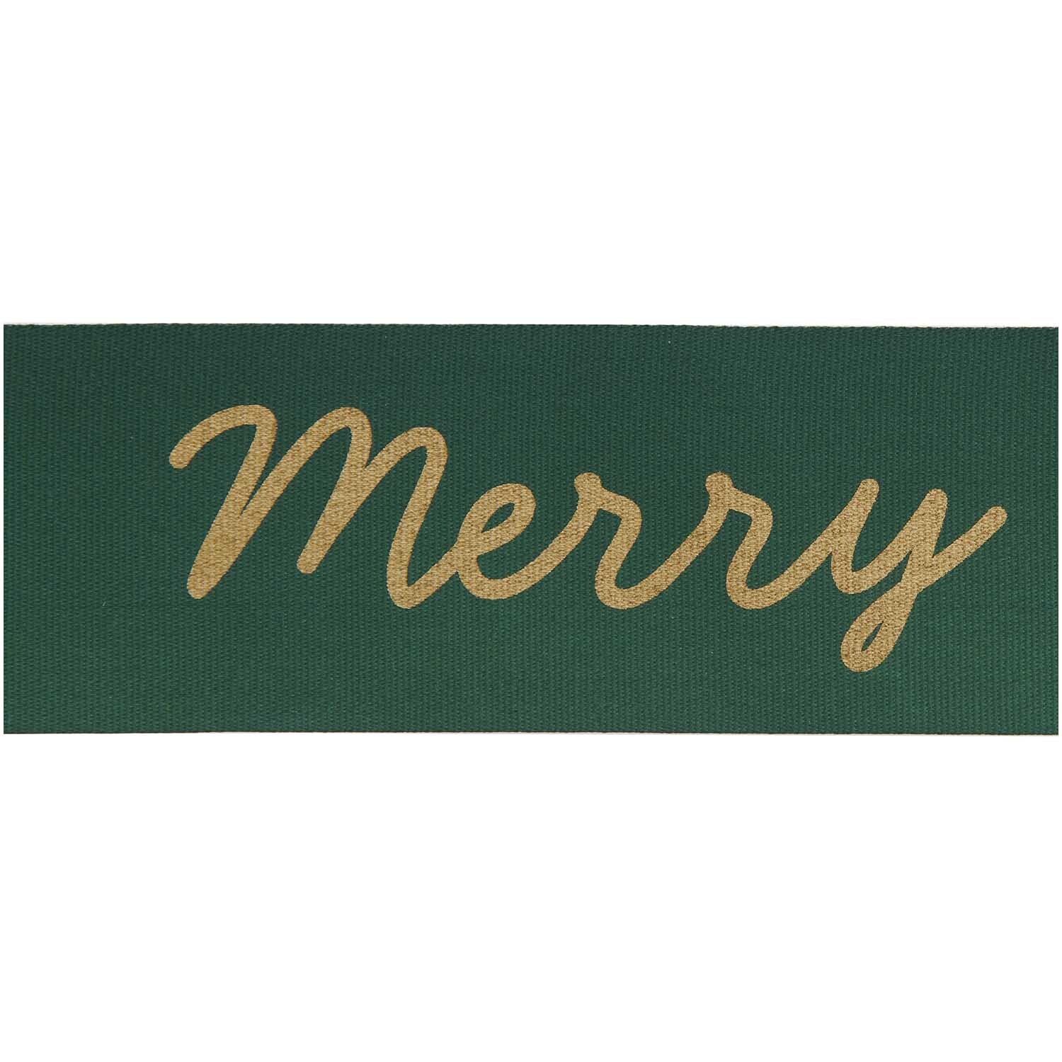 Paper Poetry Taftband mit goldener Aufschrift "Merry" auf grünem Hintergrund, 38mm breit, 3m lang. Ideal für festliche Dekorationen.