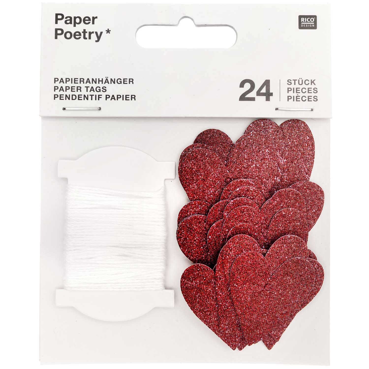Paper Poetry Papieranhänger Herzen Glitter rot 3x3,5cm 24 Stück von Rico Design