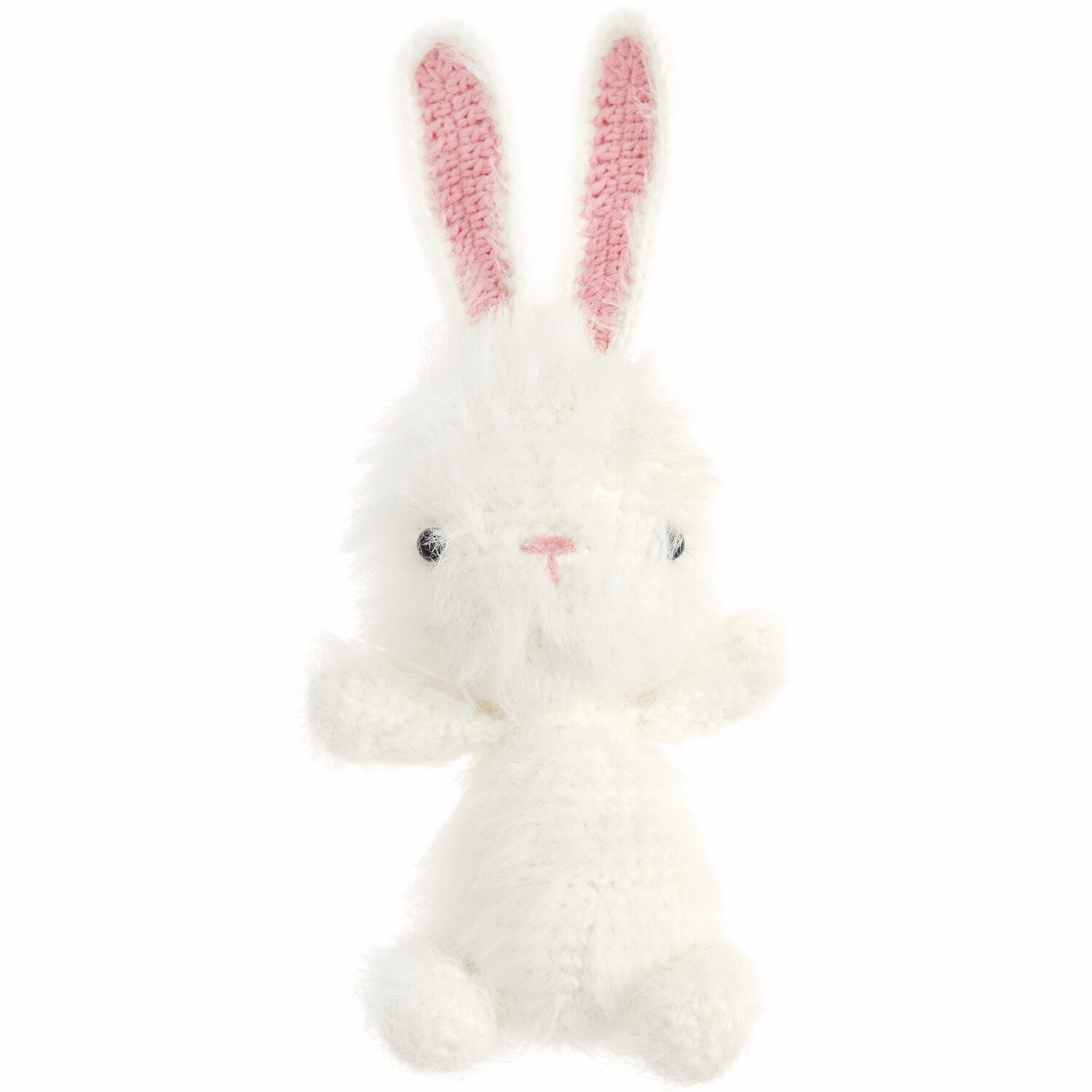 Ricorumi Furry Animals: Weißes, flauschiges Häschen mit rosa Ohren und schwarzen Sicherheitsaugen. Ideal für kreative Häkelprojekte.