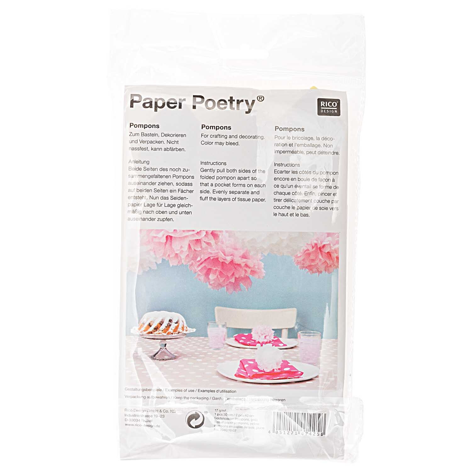 Seidenpapier Pompons 17g/m² 3 Stück von Rico Design in Gelb, ideal zum Dekorieren von Feiern.