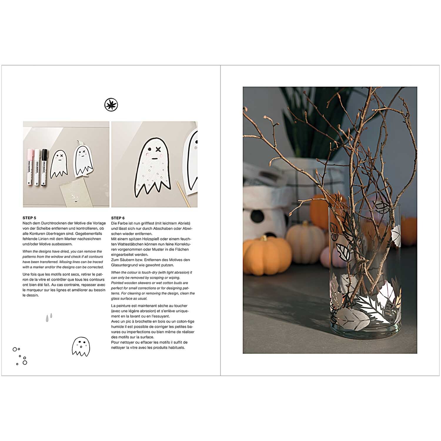 Vorlagenmappe Halloween Fenster- und Glasmalerei mit Kreidestiften von Rico Design Vorlagenmappe Halloween Fenster- und Glasmalerei zeigt Geisterdesigns mit Kreidestiften von Rico Design. Im Hintergrund sind Kürbisse zu sehen.