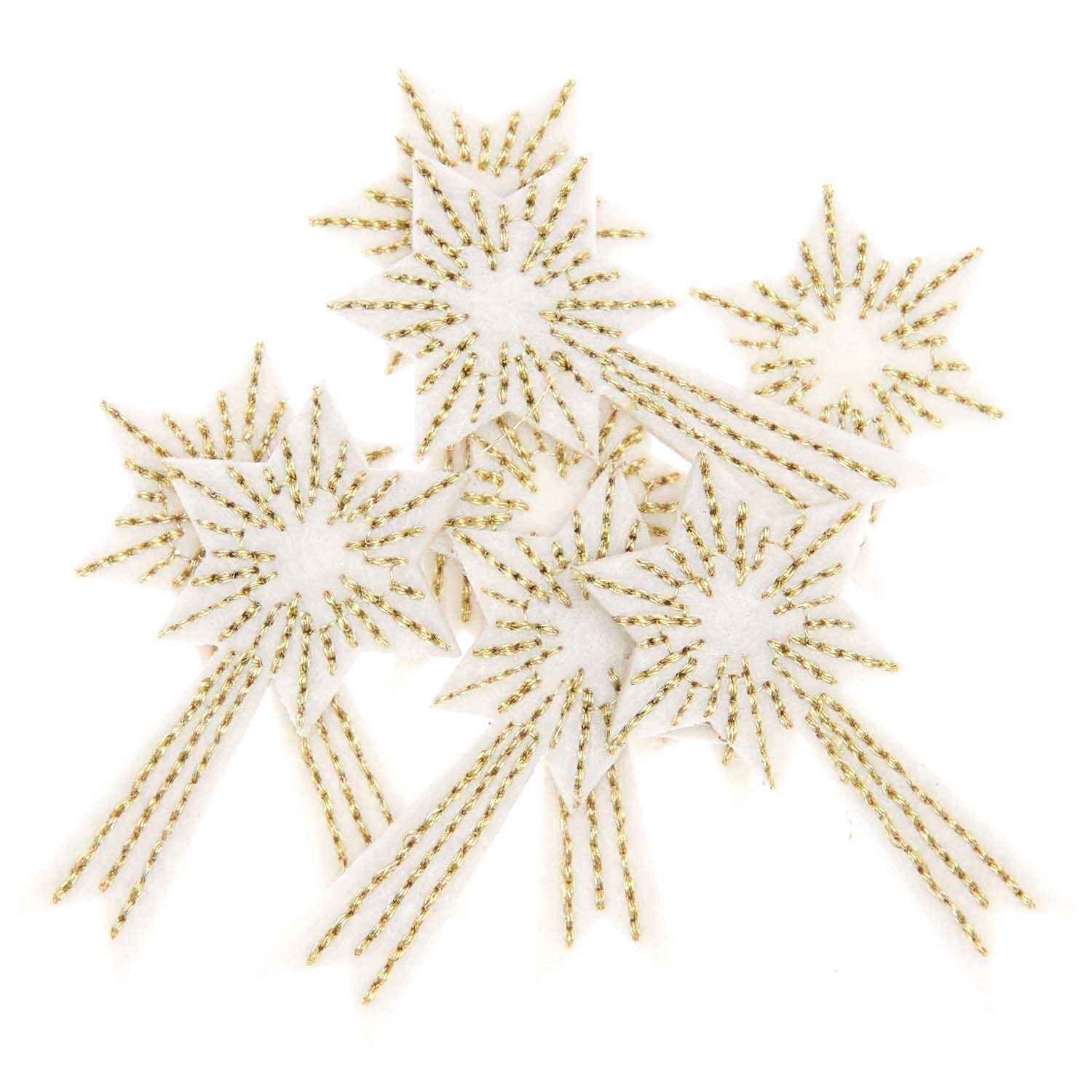 Filzstreu Sternschnuppen, bestickt, 5x3,7cm, 8 Stück. Dekorative weiße und goldene Sterne von Rico Design.