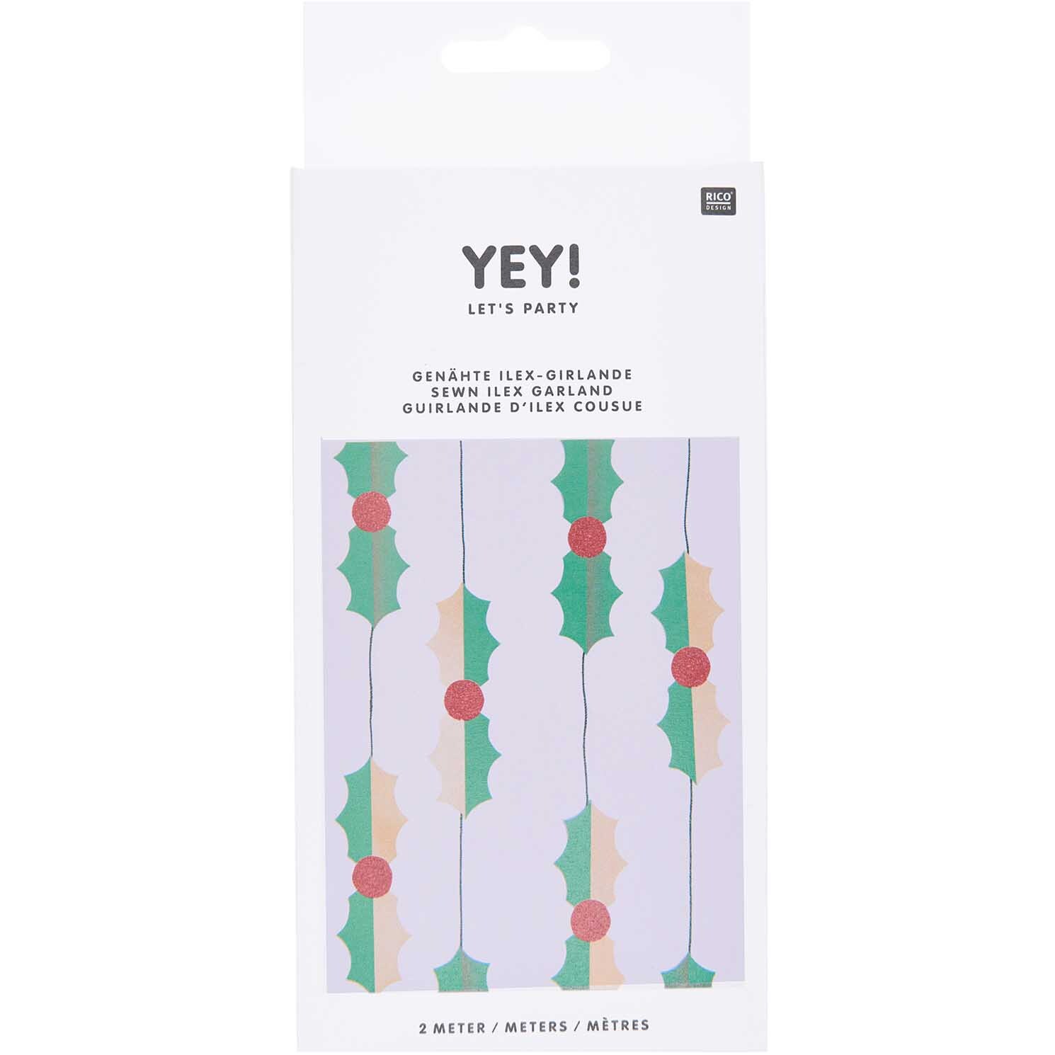 Genähte Girlande Ilex 2m von Rico Design zeigt eine bunte Girlande mit Ilex-Blättern und roten Beeren.