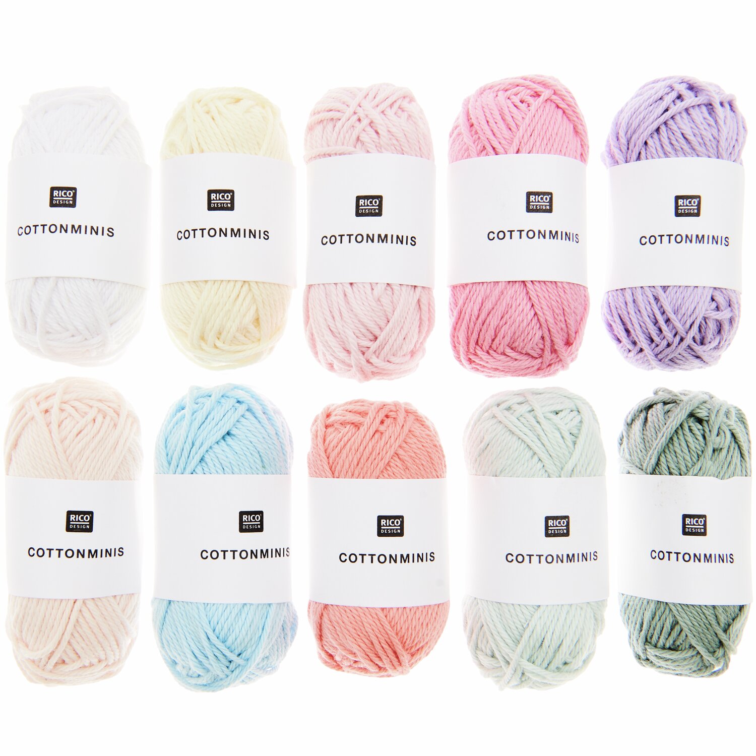 Minis vintage Baumwolle: Zehn bunte Garnknäuel von Rico Design, ideal für kreative Strickprojekte.