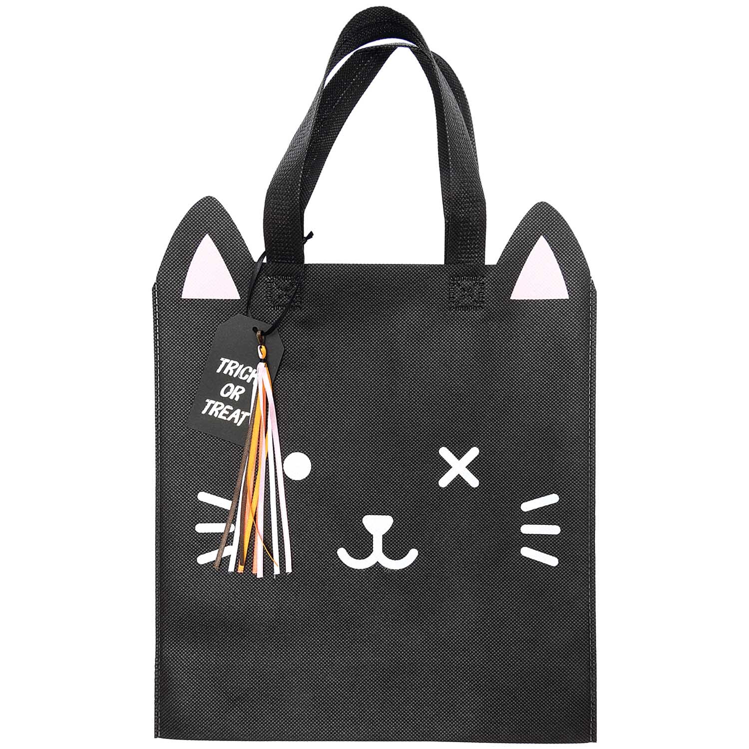 Paper Poetry Geschenktüte mit Katzenmotiv, 28x30cm, von Rico Design. Schwarze Tasche mit Katzenohren und "Trick or Treat"-Anhänger.