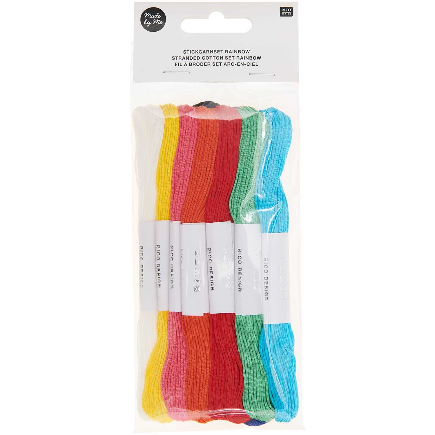 Stickgarn Set Rainbow, 10-teilig von Rico Design, zeigt bunte Stickfäden in einer Verpackung.