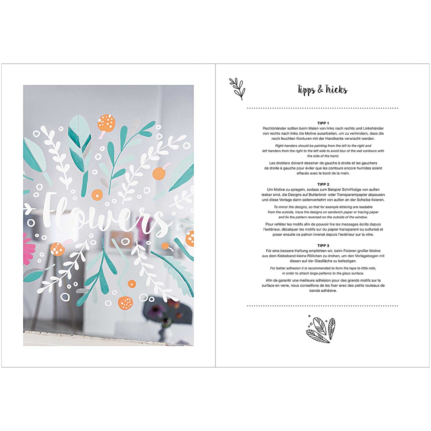 Vorlagenmappe Flowers and Plants Fenster- und Glasmalerei mit Kreidestiften von Rico Design Vorlagenmappe für Fenster- und Glasmalerei mit Kreidestiften zeigt florale Designs auf Glas.