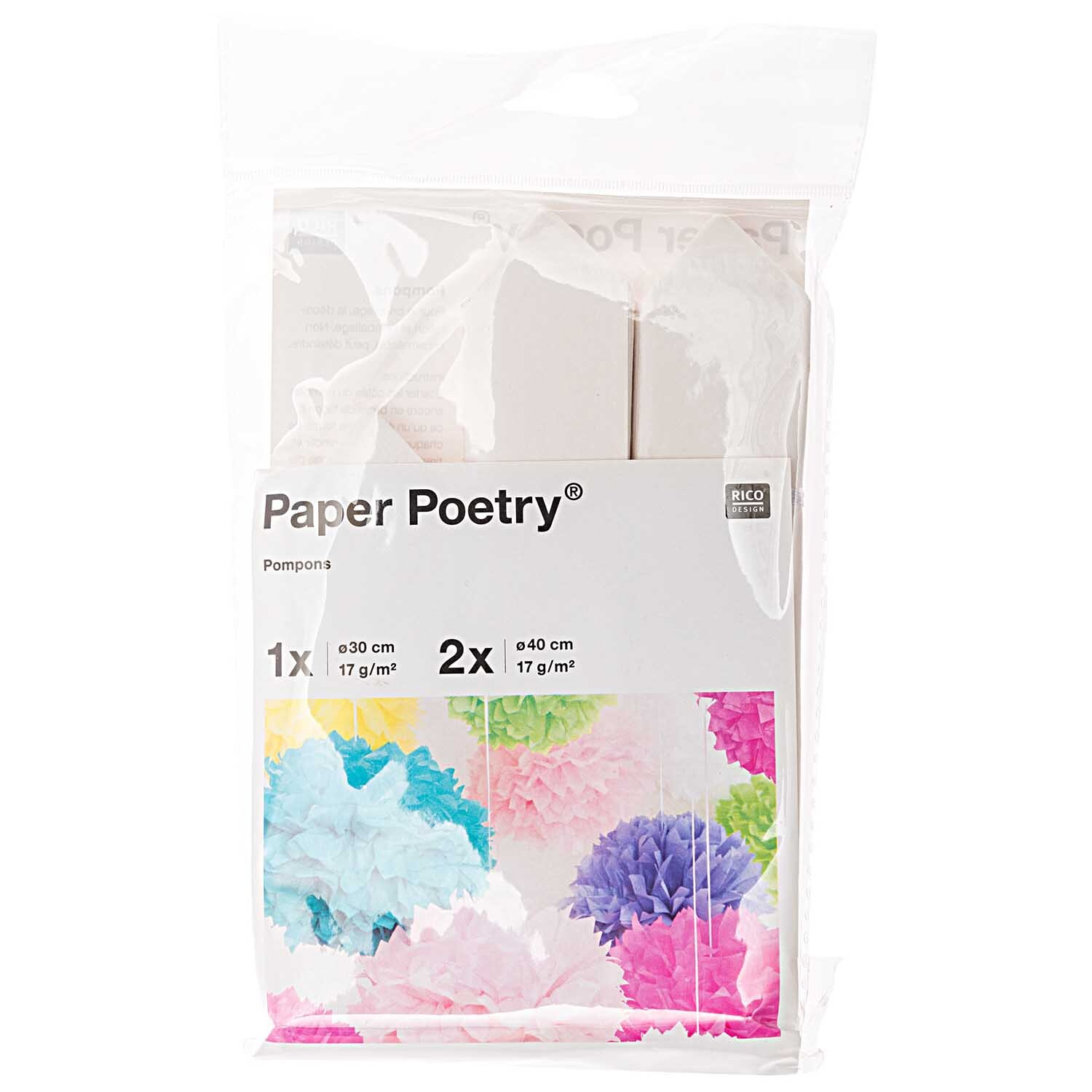 Seidenpapier Pompons 17g/m² 3 Stück Farbe Weiß von Rico Design Seidenpapier Pompons 17g/m² 3 Stück von Rico Design in einer Verpackung mit bunten Pompons.