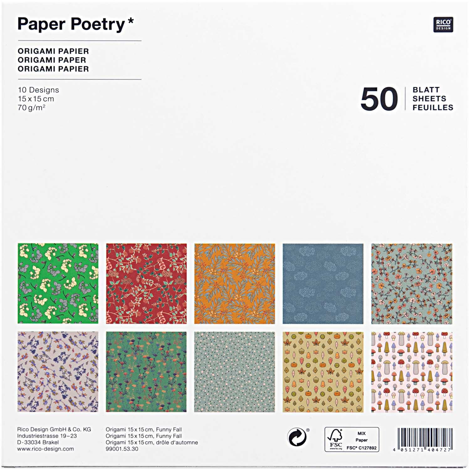 Paper Poetry Origami Funny Fall zeigt 10 bunte Designs auf 15x15cm Papier von Rico Design.