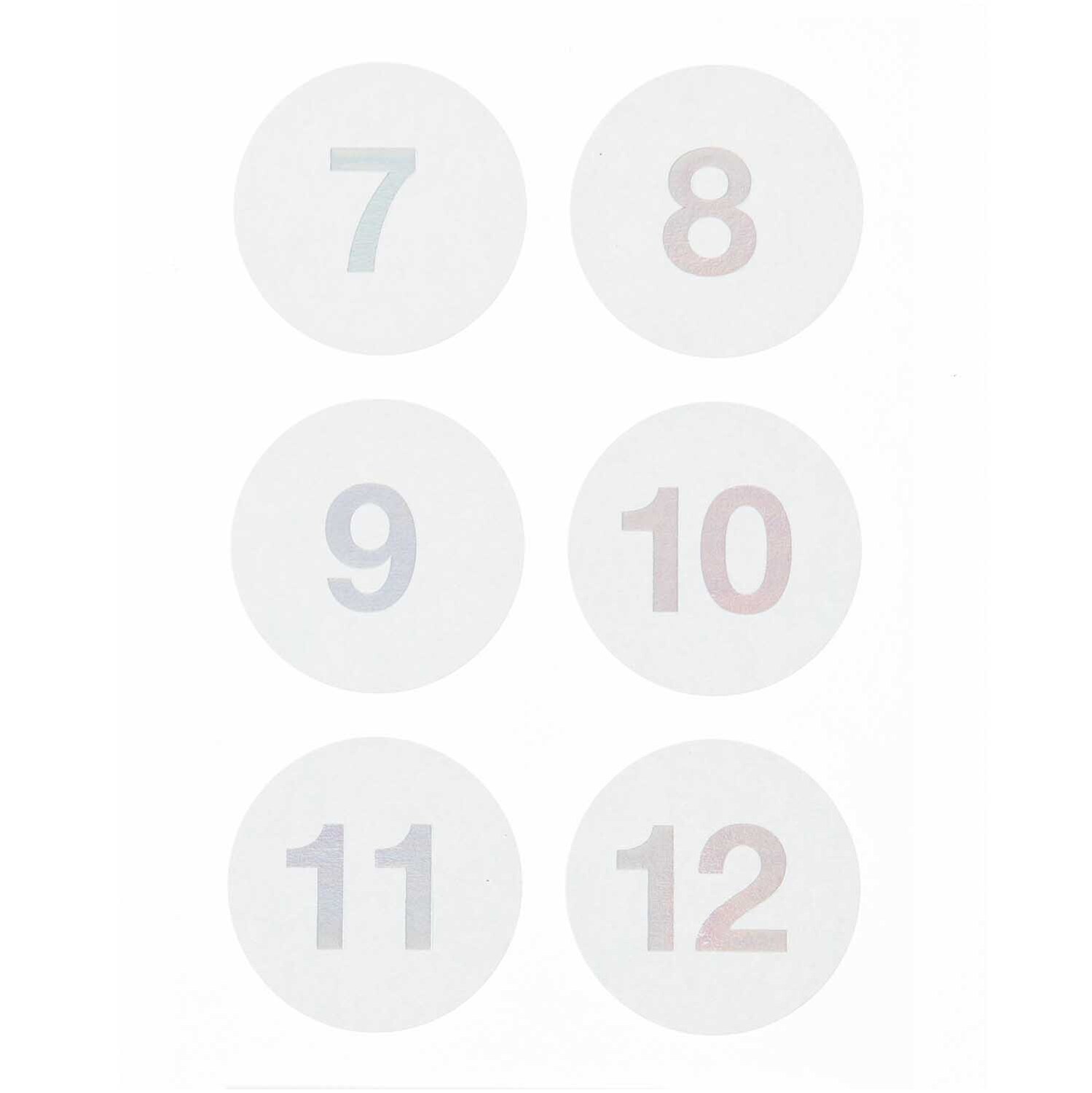 Paper Poetry Adventskalender Sticker Zahlen 1-24: Sechs runde Sticker mit Zahlen 7 bis 12 in sanften Farben auf weißem Hintergrund. Ideal für kreative Adventskalender.