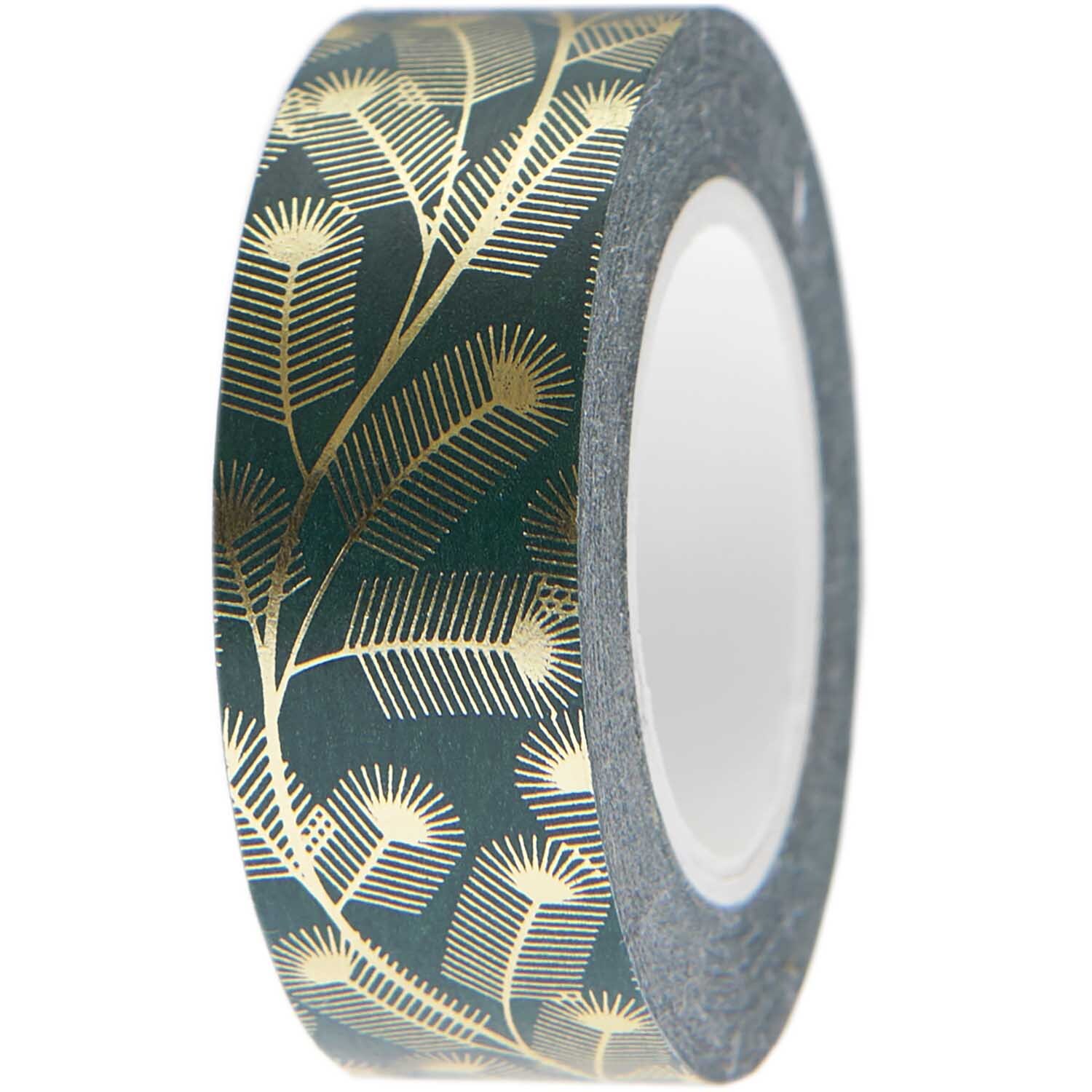 Paper Poetry Tape Zweige mit goldenen Zweigen auf grünem Hintergrund, 1,5cm breit, 10m lang.