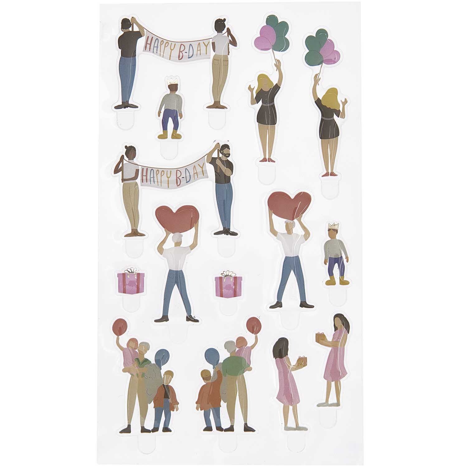 Figurico Gelsticker Geburtstag: Bunte Sticker mit Party-Motiven wie Herzen, Geschenken und Ballons.