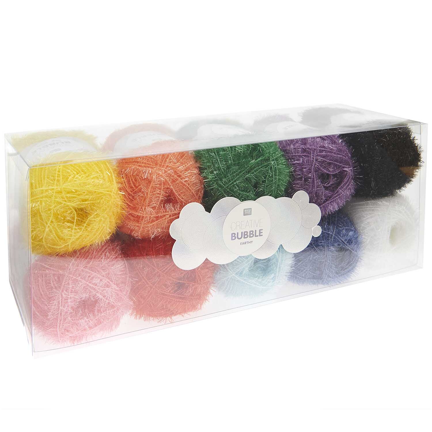 Creative Bubble Set Rainbow Colours: Bunte Garnrollen in einer transparenten Box, ideal für kreative Projekte.