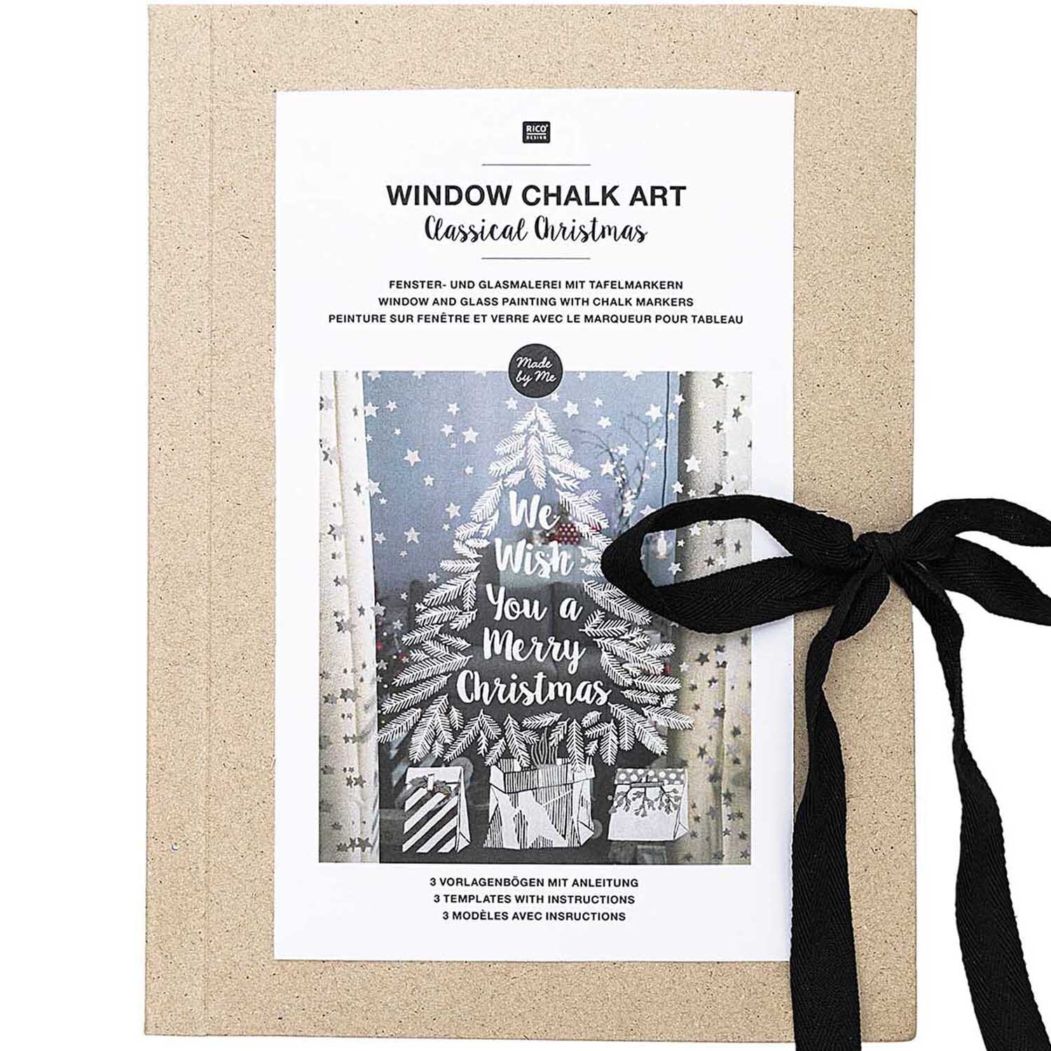 Vorlagenmappe Classical Christmas für Fenster- und Glasmalerei mit Kreidestiften von Rico Design, zeigt ein weihnachtliches Design mit Tafelkreidekunst.