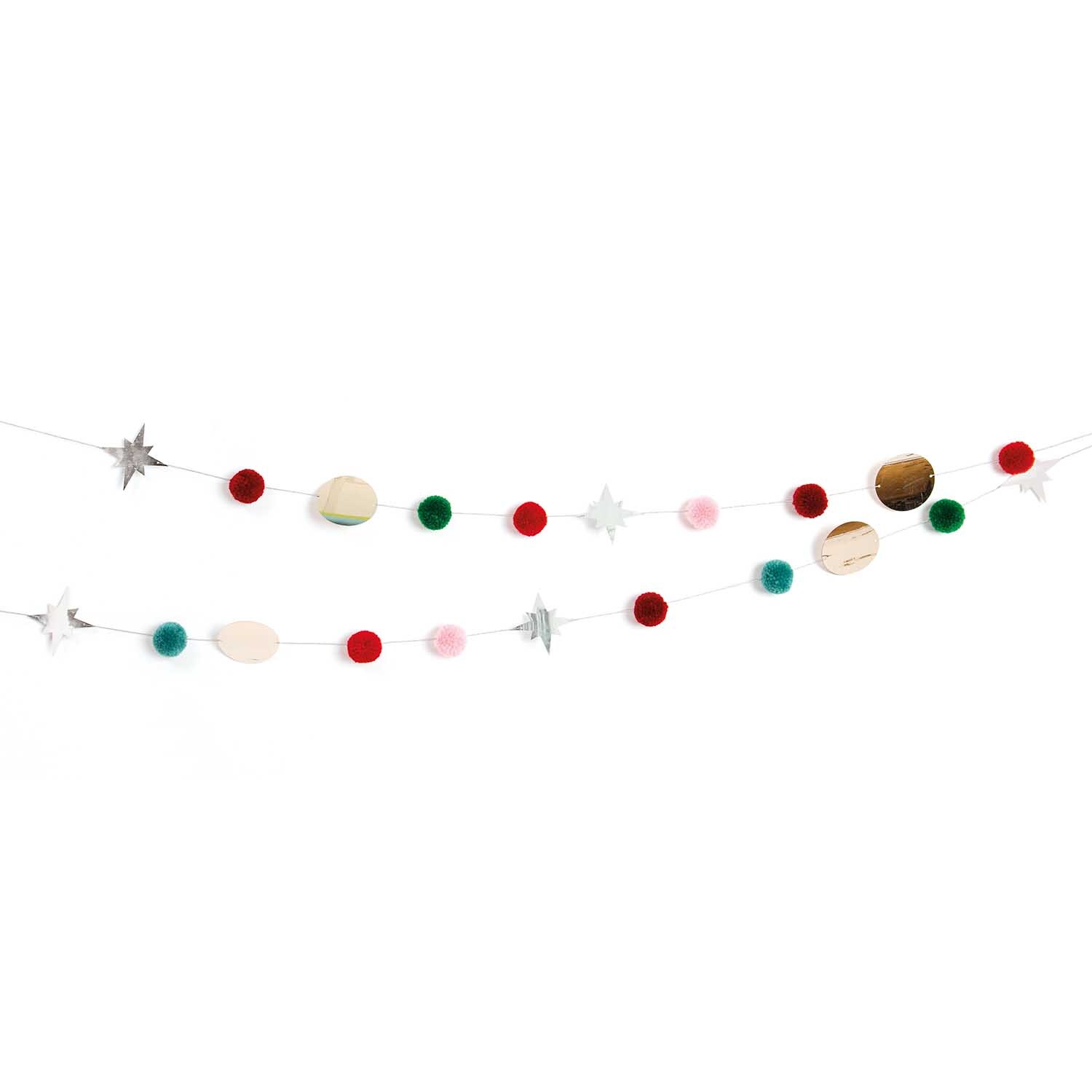 Garnpompon-Girlande rot-grün 2,2m von Rico Design: Bunte Pompons und Sterne auf weißem Hintergrund.
