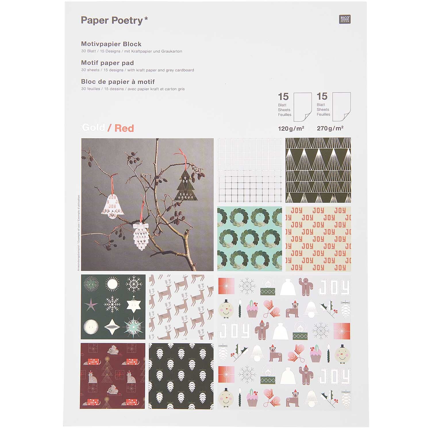 Paper Poetry Motivpapierblock I love Christmas mit 30 Blättern, festliche Designs in Rot und Gold von Rico Design.