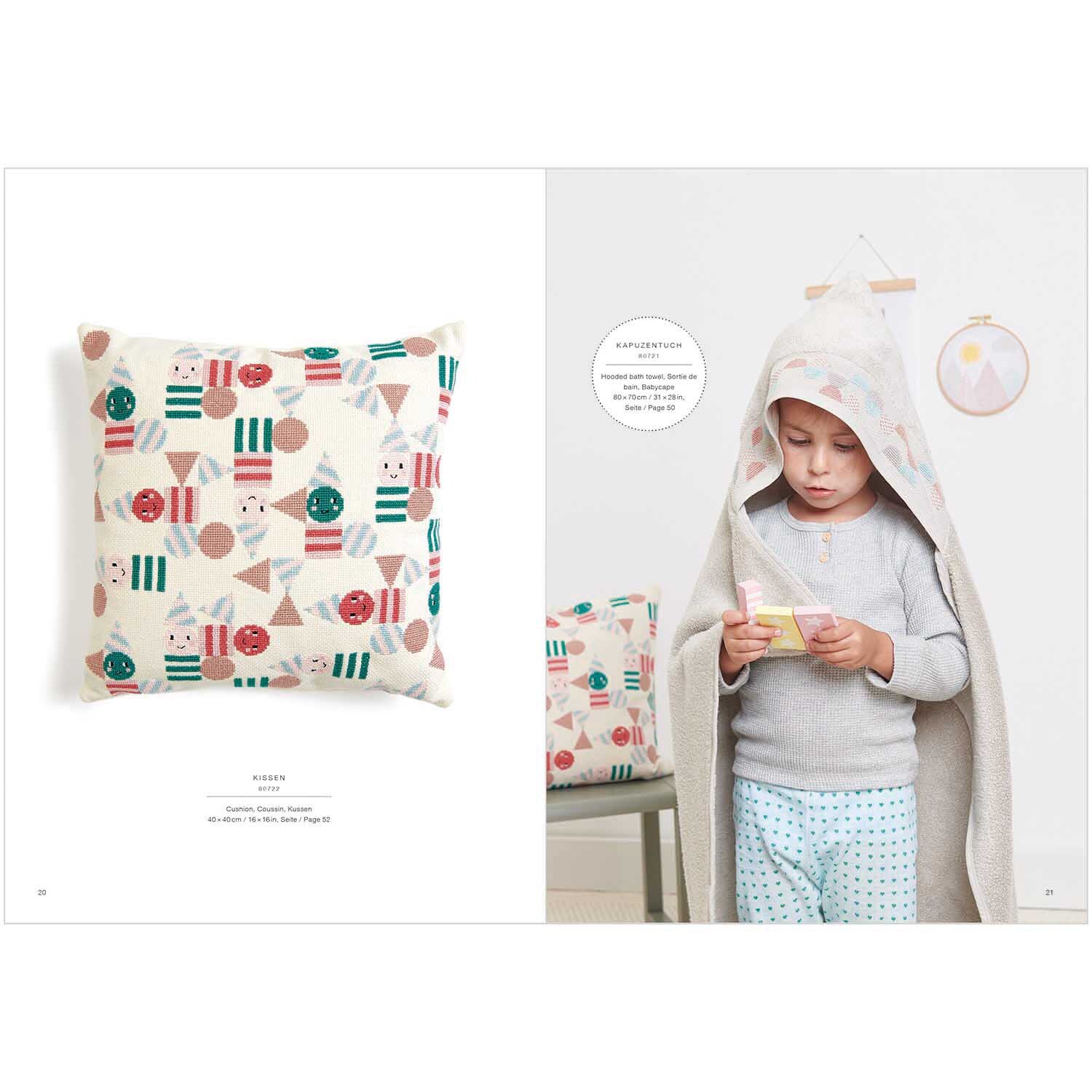 Livret de broderie Happy Baby No. 179 from Rico Design Stickbuch Happy Baby Nr. 179: Kind mit Kapuze hält ein Buch, neben einem Kissen mit buntem geometrischem Muster.