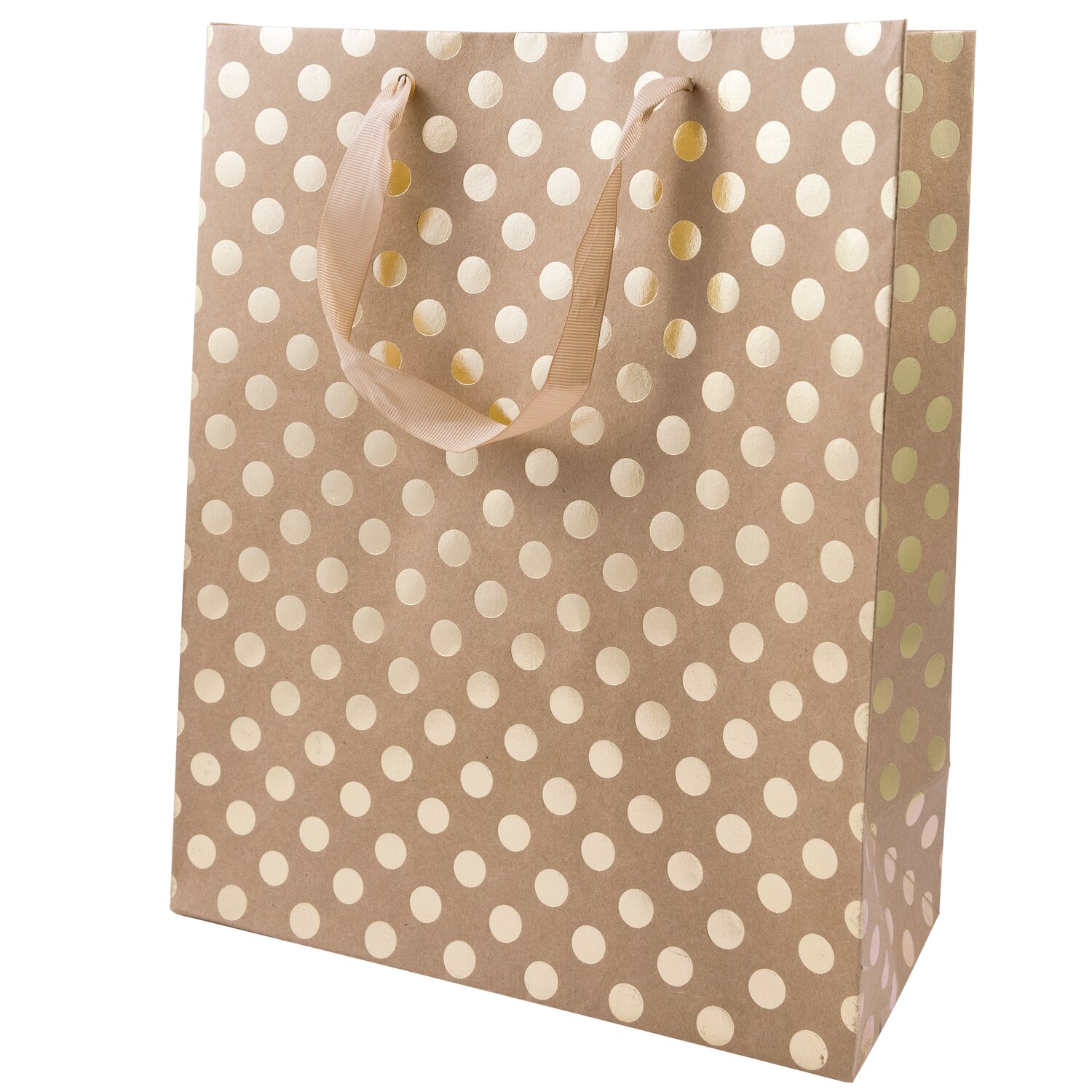 Geschenktüte natur Punkte gold 26x32x12cm von Rico Design mit goldenen Punkten auf naturfarbenem Hintergrund, ideal für stilvolle Geschenke.