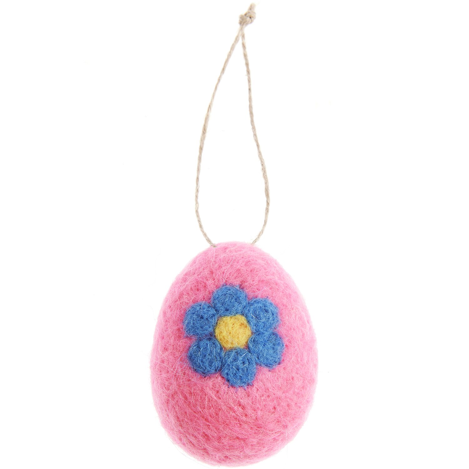 Aufhänger Filz-Ei Blüte Pink mit blauer Blume und gelbem Zentrum, Ø4,5x6cm, von Rico Design.