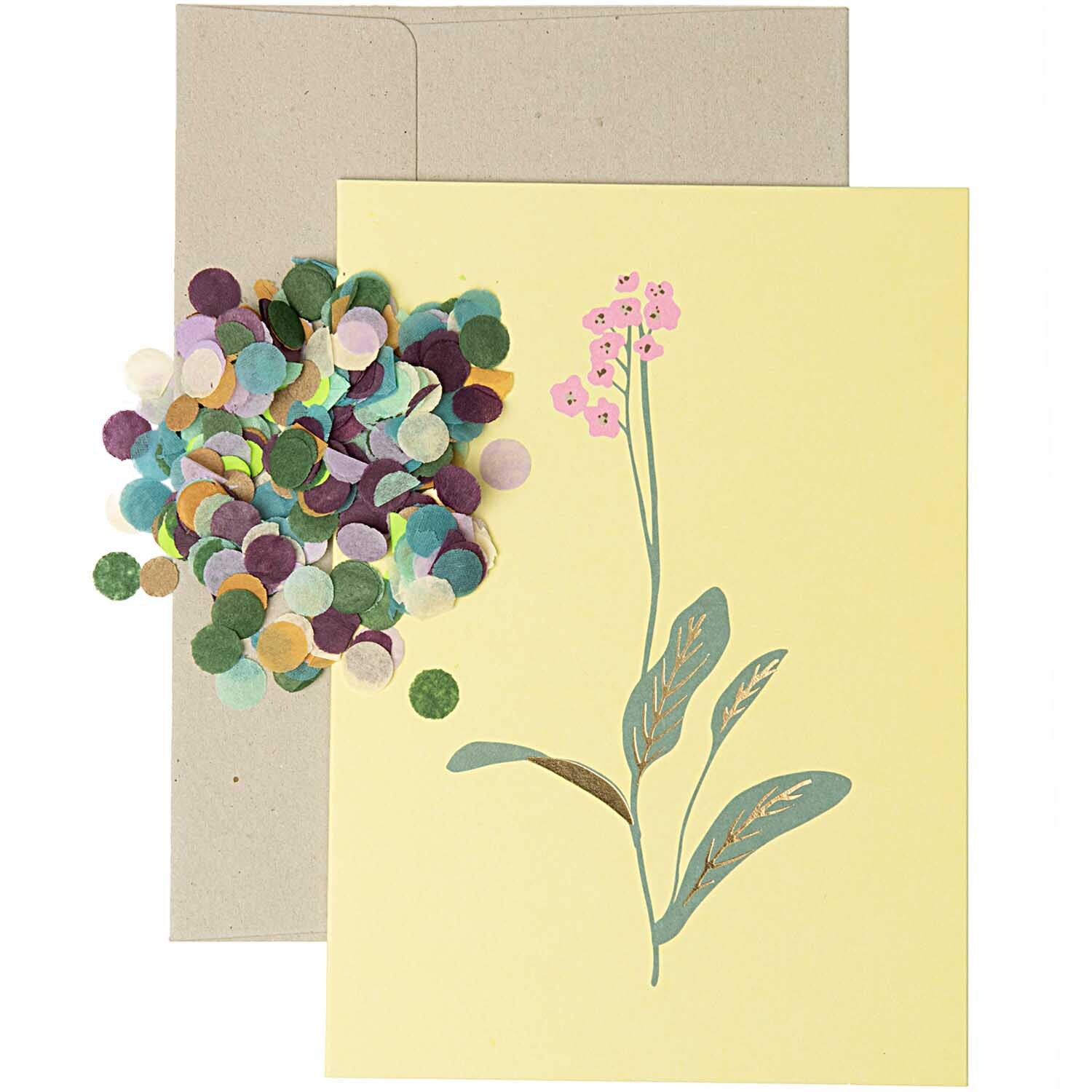 Paper Poetry Grußkartenset Primel gelb zeigt eine zarte Blume auf gelbem Hintergrund mit Umschlag. Markenname: Rico Design.