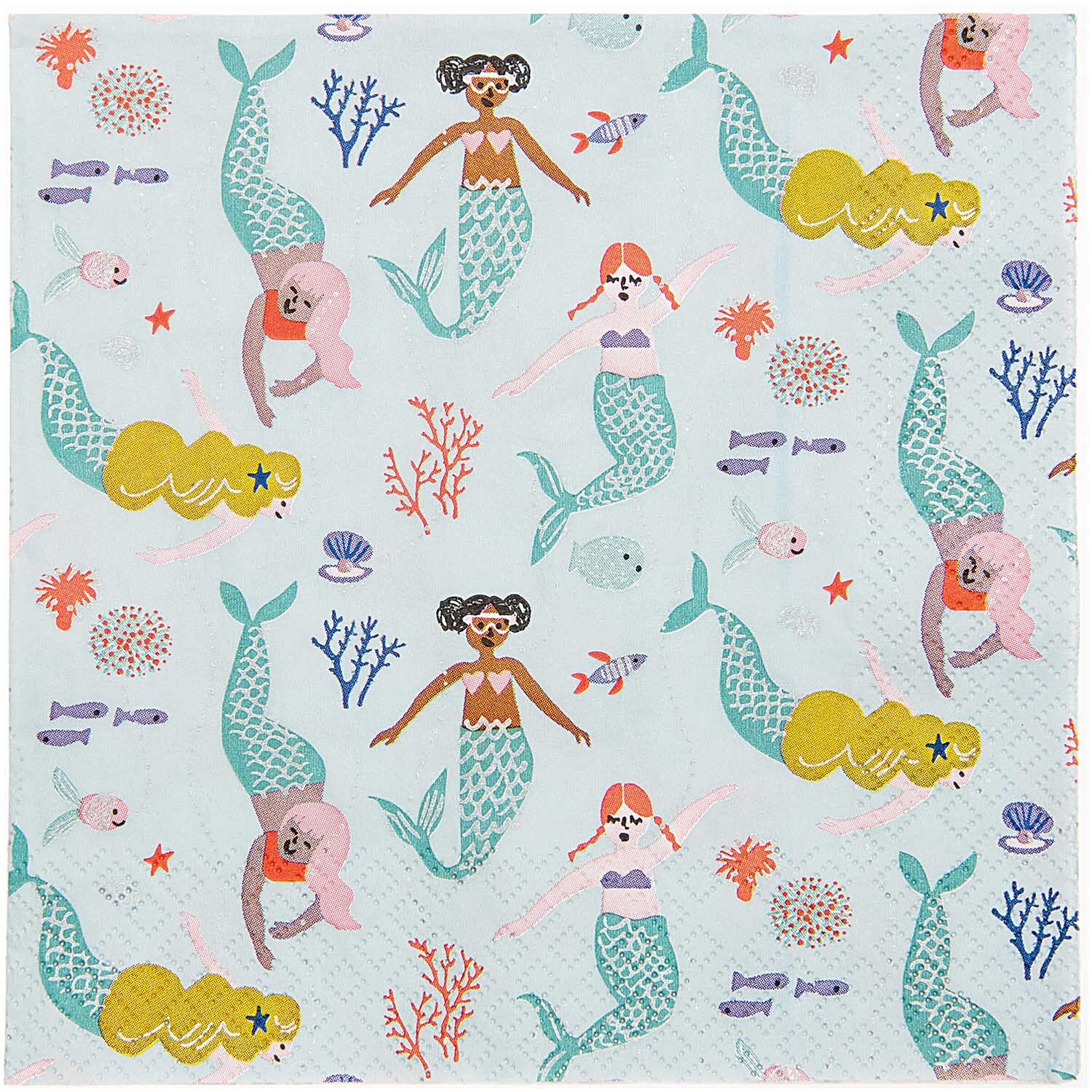 Servietten Mermaid Meerjungfrau mit bunten Meerjungfrauen und Meeresmotiven auf hellem Hintergrund.
