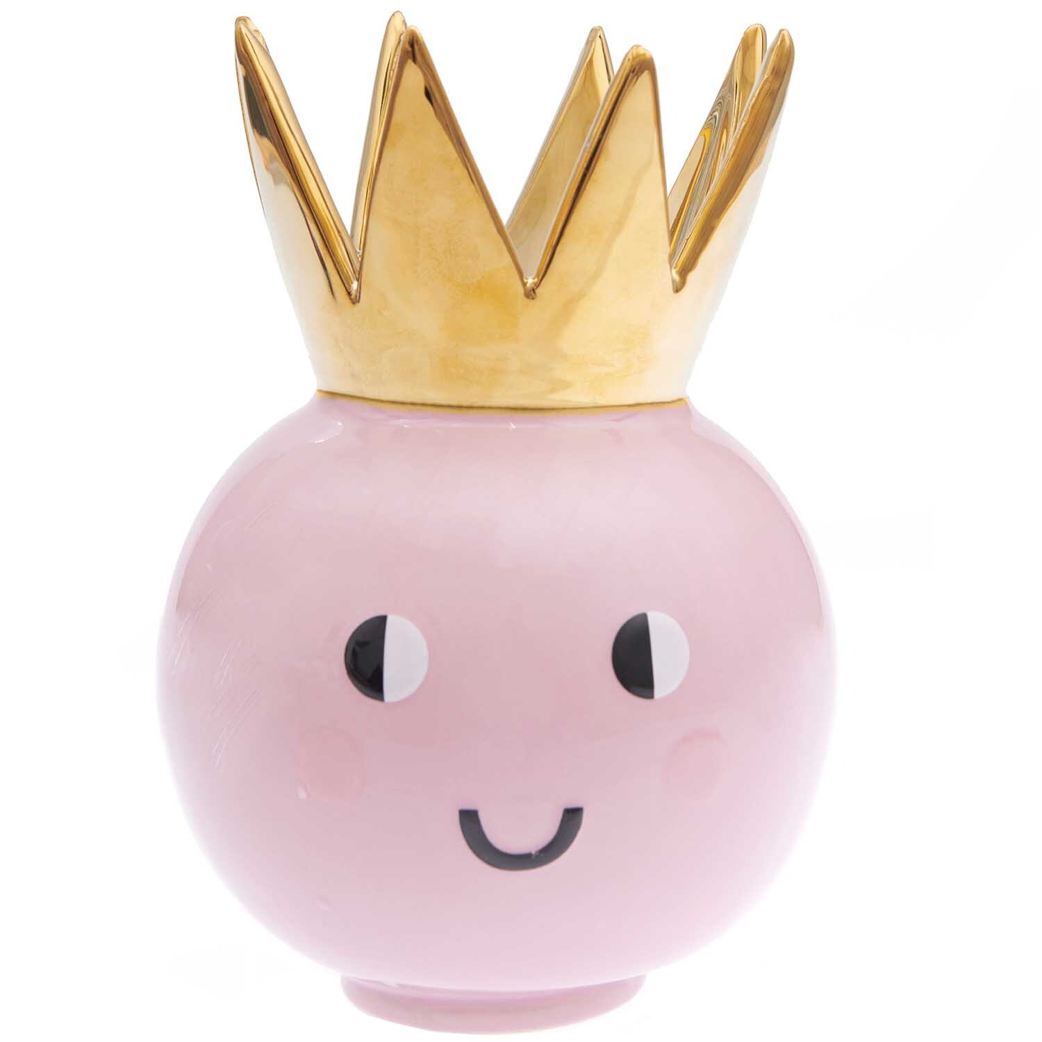 Keramik Vase Krone Ø15cm H22,8cm Farbe Rosa von Rico Design Keramik Vase Krone Ø15cm H22,8cm von Rico Design in Rosa mit goldener Krone und lächelndem Gesicht.
