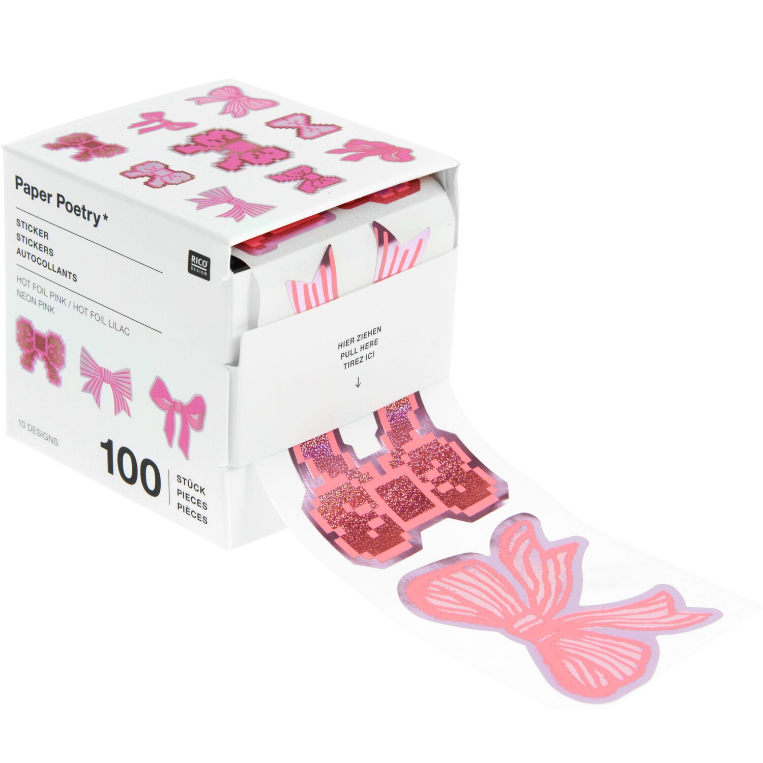 Paper Poetry Sticker Schleifen, 100 Stück, rosa Schleifenaufkleber in dekorativer Box von Rico Design. Ideal für kreative Bastelprojekte.