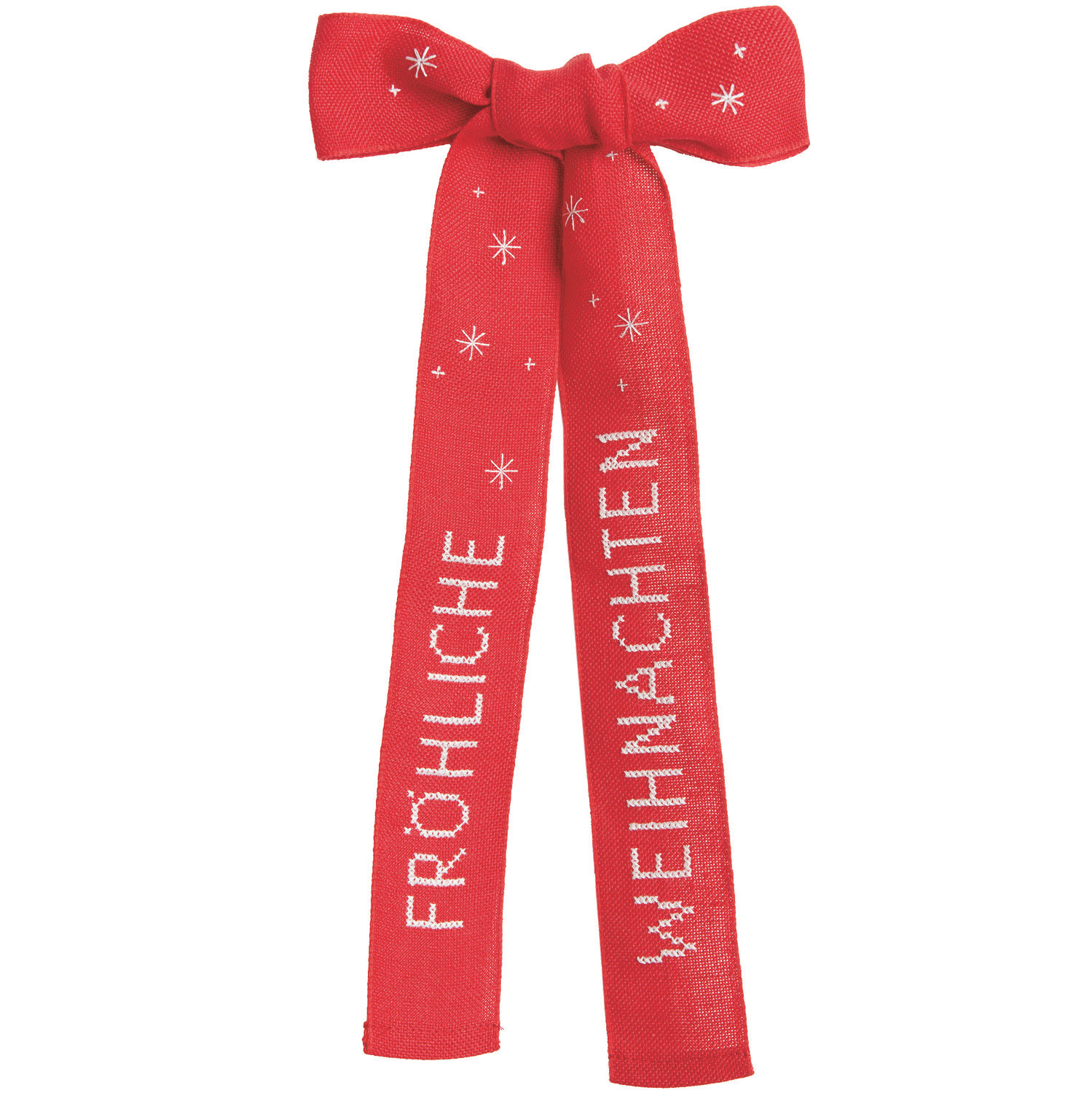 Stickpackung Schleife Fröhliche Weihnachten, rote Schleife mit weißen Sternen und Schriftzug, 16x31cm, von Rico Design.