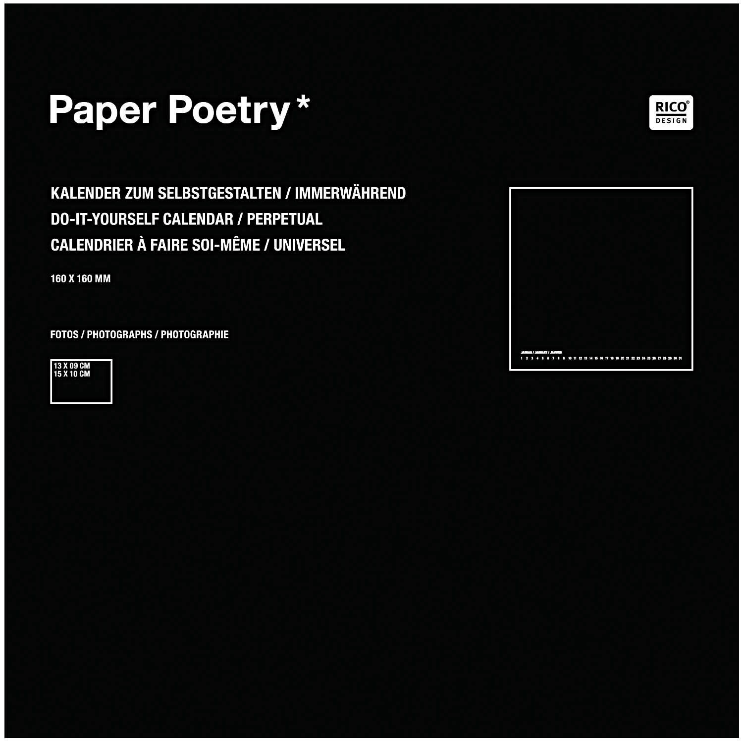 Paper Poetry Bastelkalender in Schwarz von Rico Design, 16x16cm, zeigt minimalistisches Design mit Platz für Fotos.