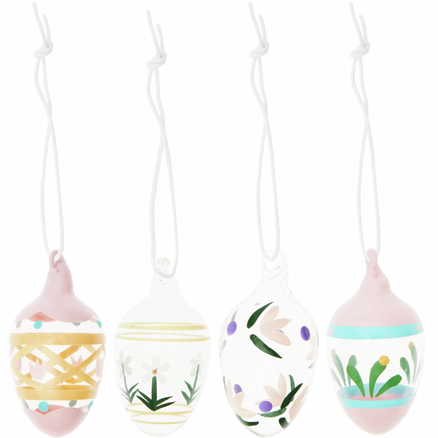 Glas Eier Blumen handbemalt Ø3x6cm 4-teilig von Rico Design Glas Eier Blumen handbemalt, 4-teilig, mit floralen Mustern und zarten Pastellfarben dekoriert.