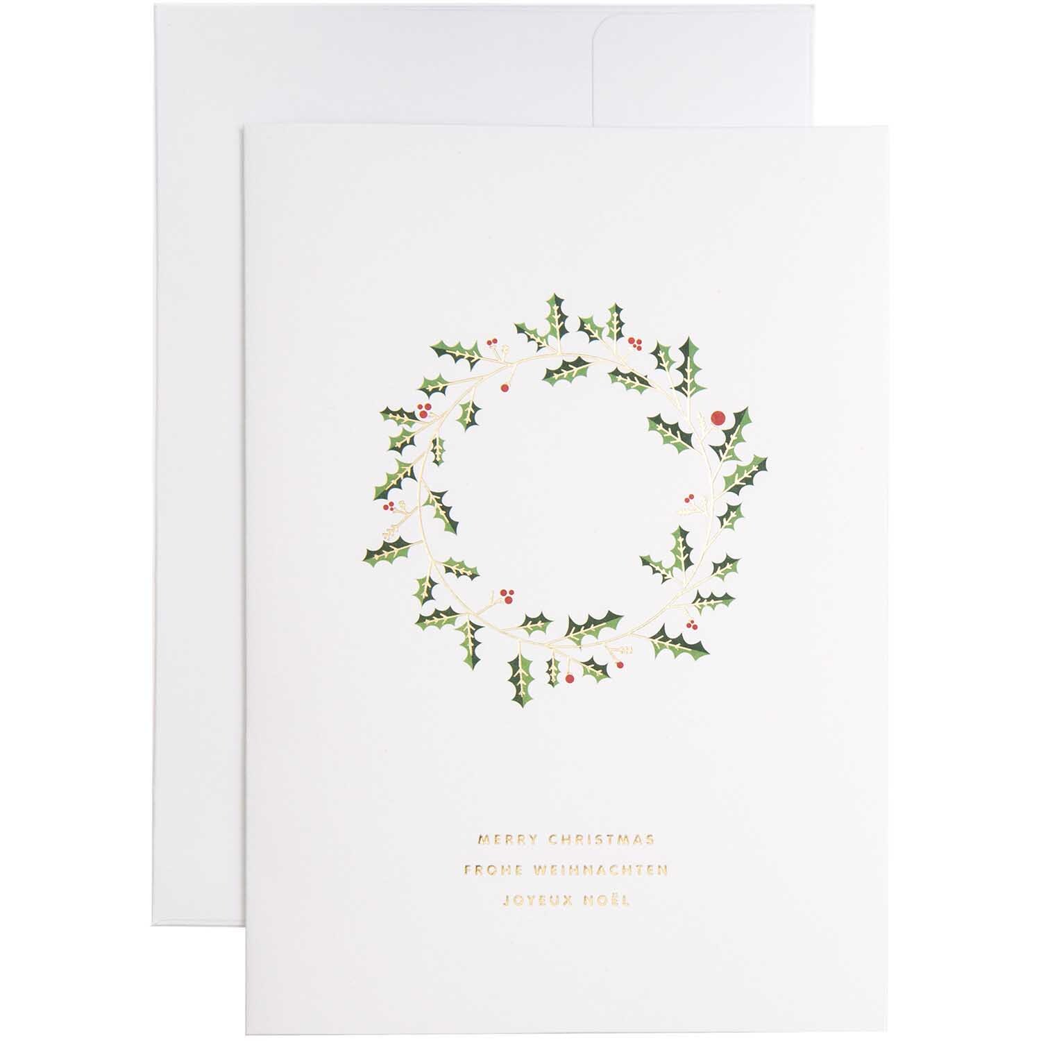 Paper Poetry Kartenset Kranz A5 zeigt einen festlichen Kranz aus Stechpalmenblättern und Beeren auf weißem Hintergrund. Ideal für Weihnachtsgrüße.