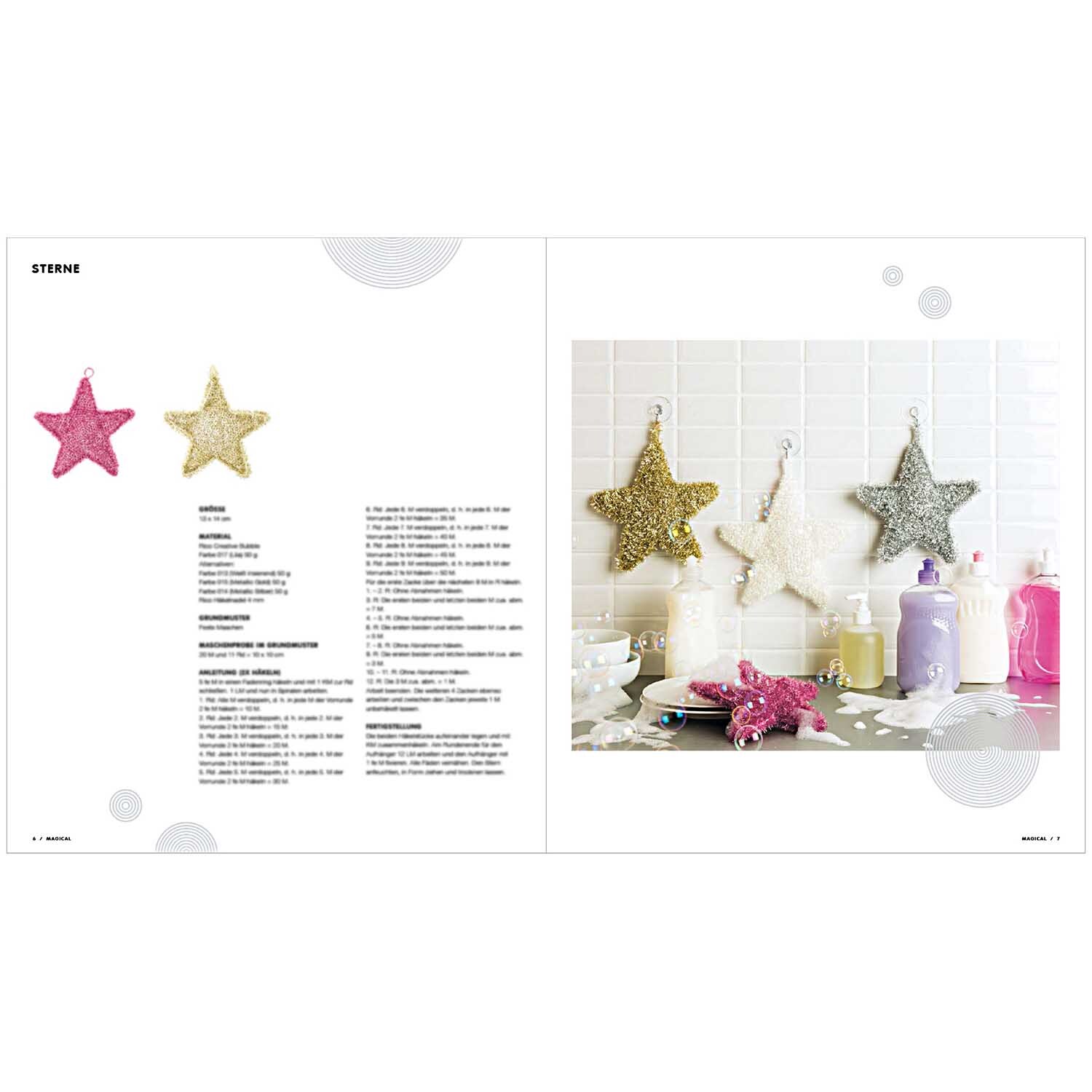 Creative Bubble - Magical X-MAS: Drei glitzernde Sterne in Gold, Silber und Rosa von Rico Design, dekorativ arrangiert vor weißen Fliesen.