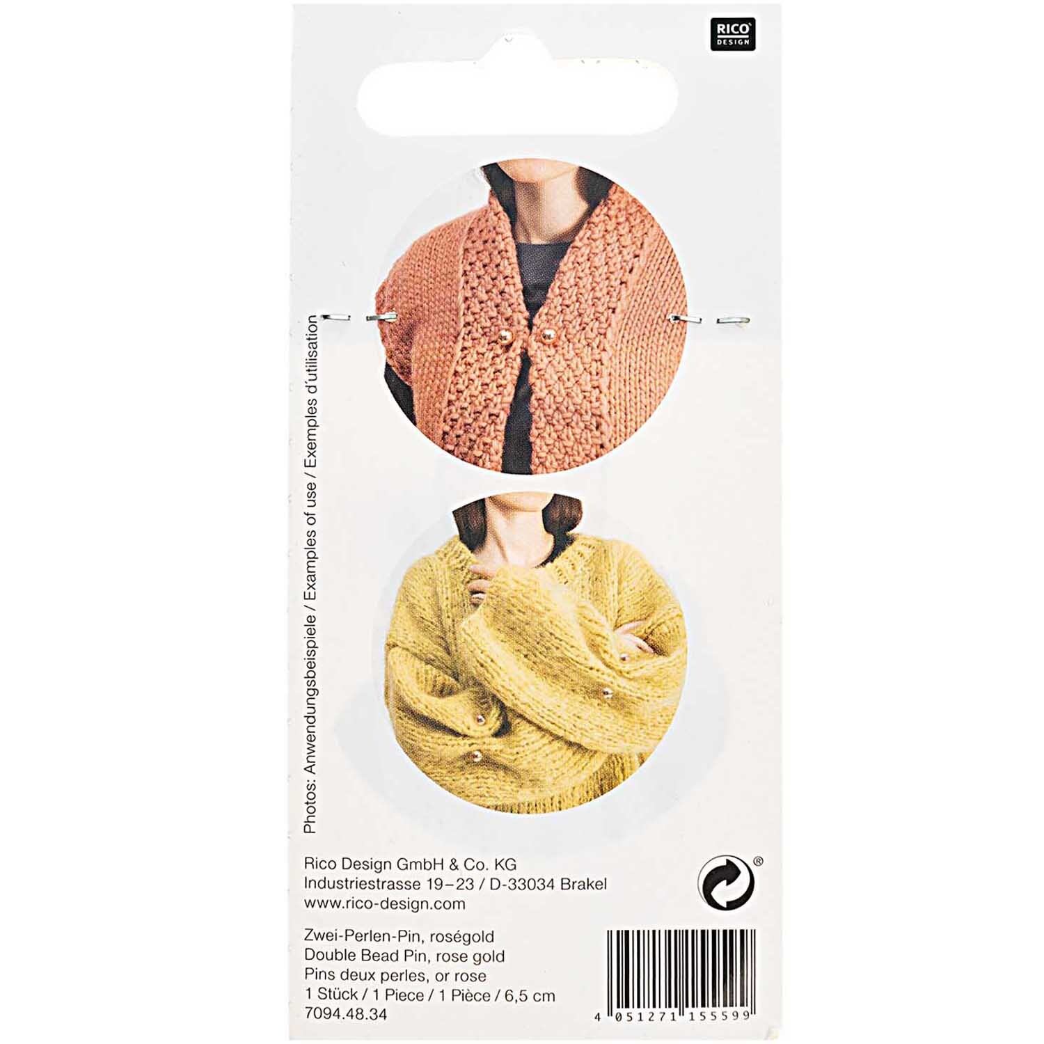 Zwei-Perlen-Pin 65mm 1 Stück Farbe Roségold von Rico Design Zwei-Perlen-Pin 65mm von Rico Design in Roségold, ideal zum Verschließen von Strickjacken.