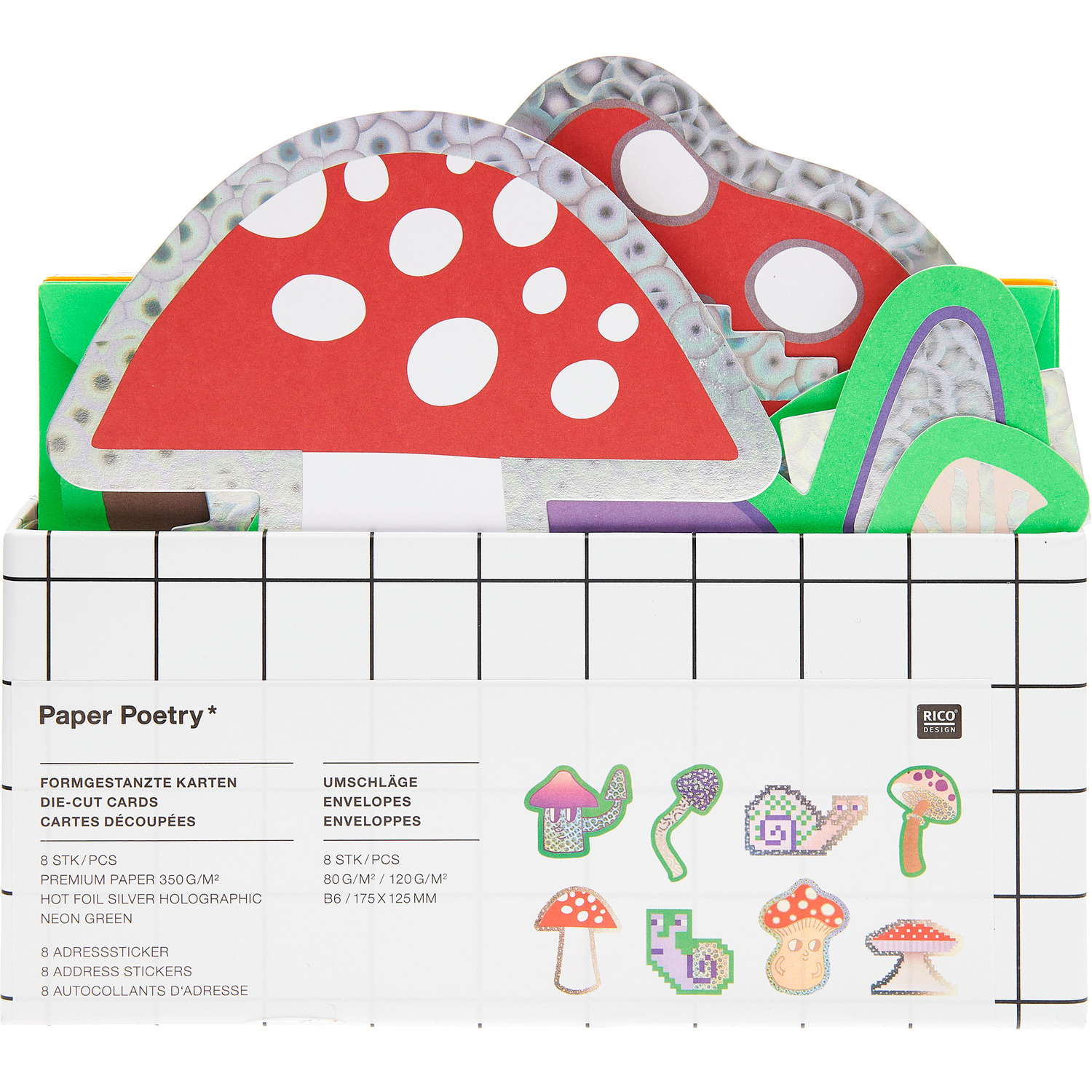 Paper Poetry Kartenset Shrooom 24-teilig von Rico Design Paper Poetry Kartenset Shrooom, 24-teilig, mit bunten Pilzmotiven und Umschlägen, ideal für kreative Bastelprojekte.