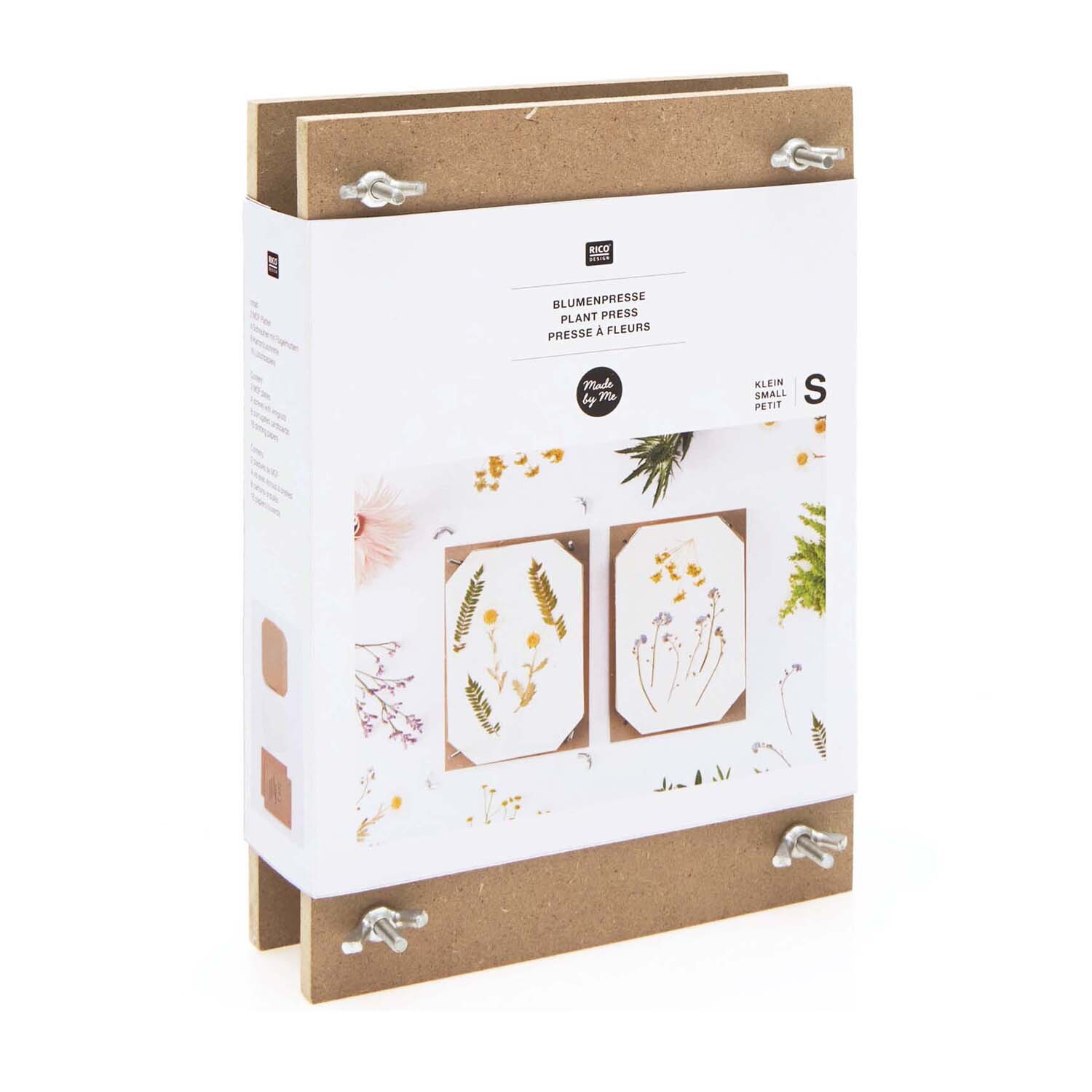 Blumenpresse von Rico Design mit stabilen Holzbrettern und Schrauben, ideal zum Pressen von Blumen.