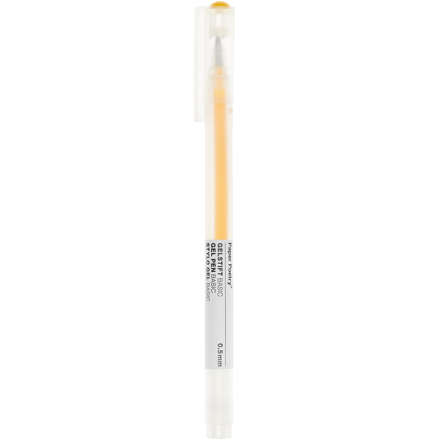 Gelstift Basic 0,5mm von Rico Design in transparentem Gehäuse mit gelber Tinte, ideal für präzises Schreiben.