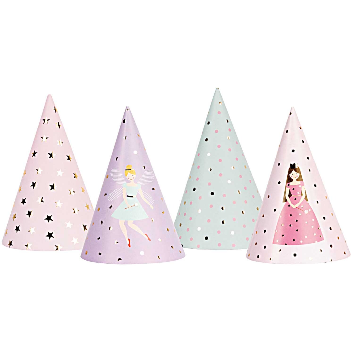 Partyhüte Prinzessin 20cm 8 Stück von Rico Design, bunt mit Prinzessinnenmotiven und Sternen.