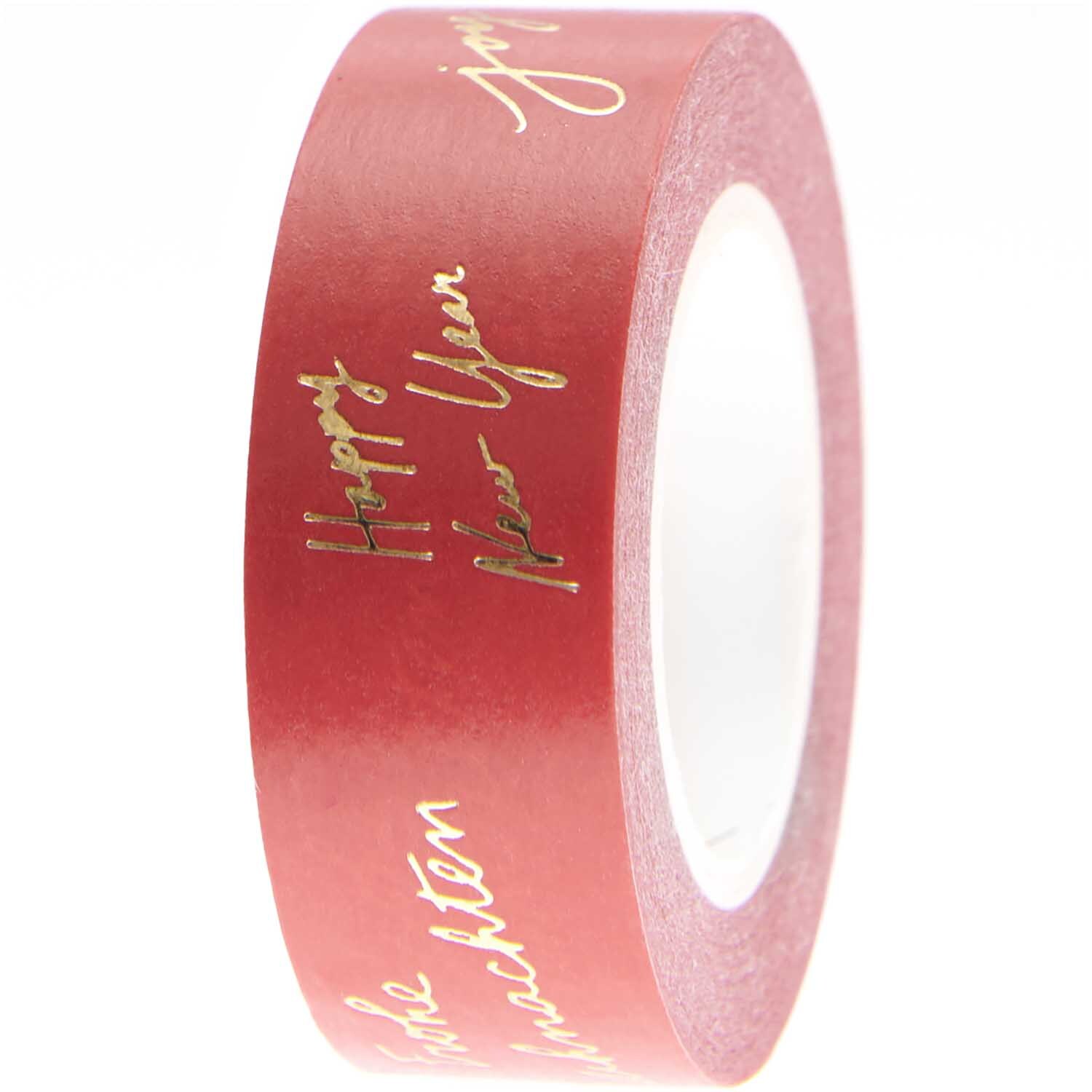 Paper Poetry Tape Handwriting 1,5cm 10m: Rotes Klebeband mit goldener Schrift von Rico Design, ideal für kreative Projekte.