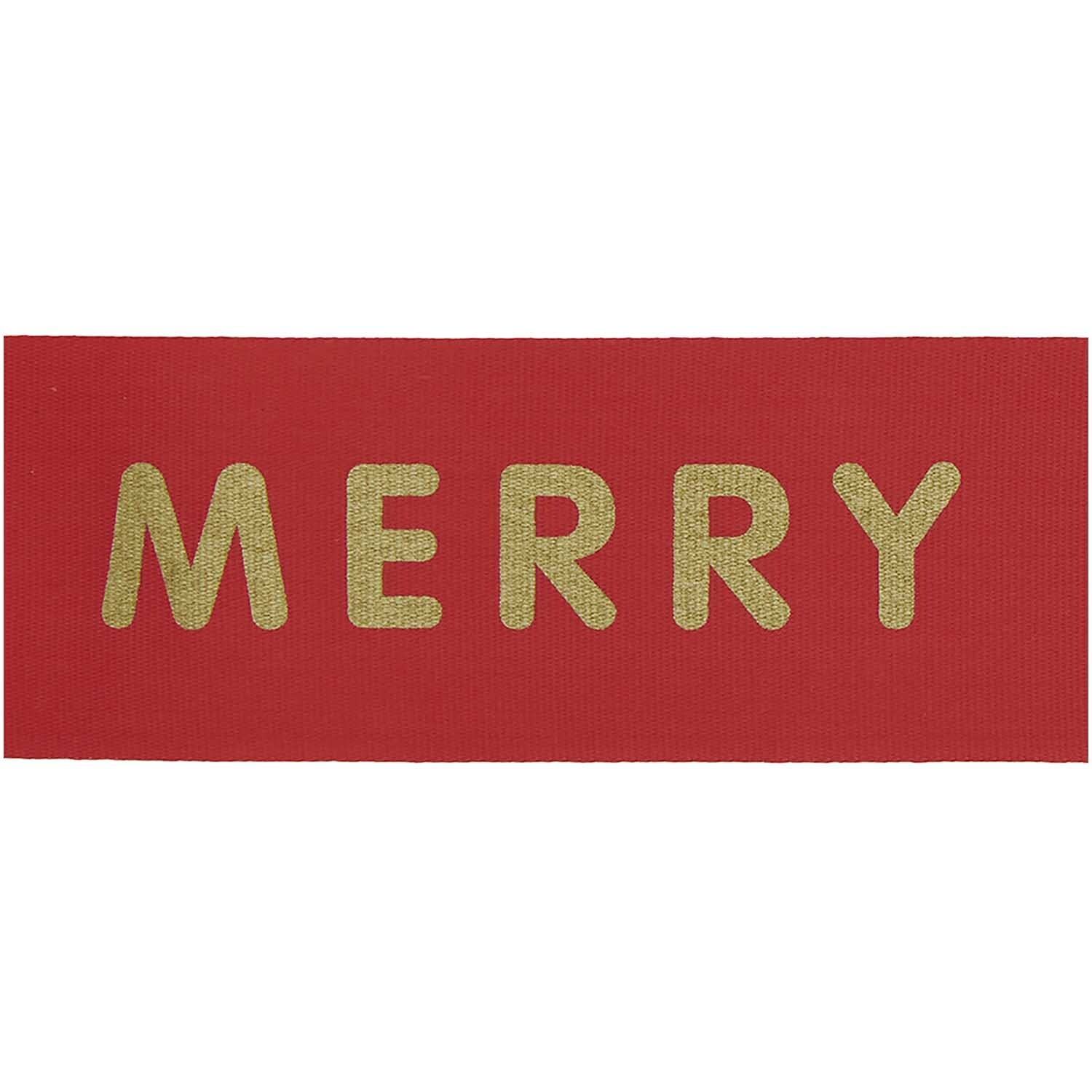 Paper Poetry Taftband Merry Christmas: Rotes Band mit goldener Aufschrift "Merry", ideal für festliche Dekorationen. Marke: Rico Design.
