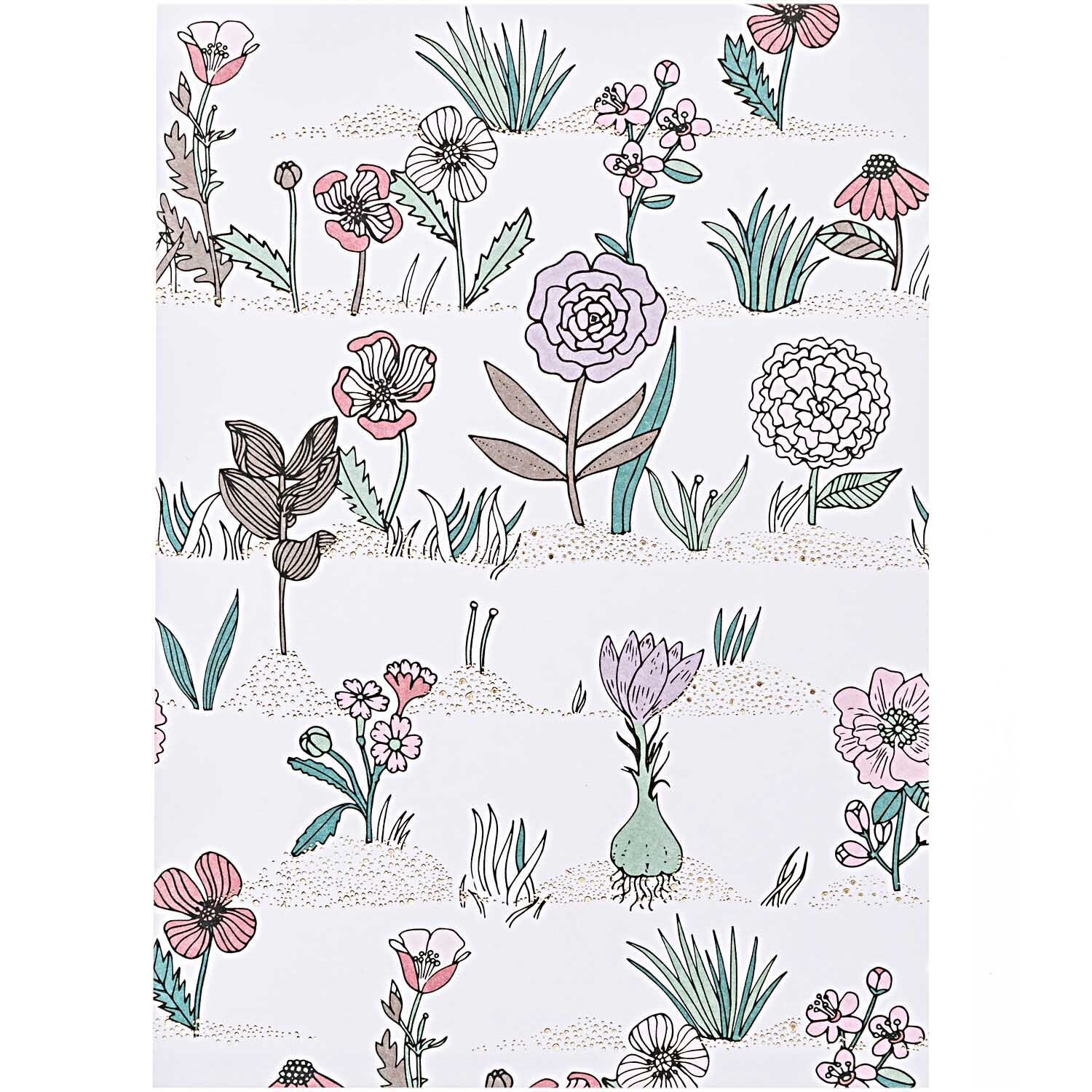Paper Poetry Postkartenblock Hygge Flowers zeigt zarte Blumenillustrationen in Pastelltönen auf weißem Hintergrund, ideal für kreative Projekte.