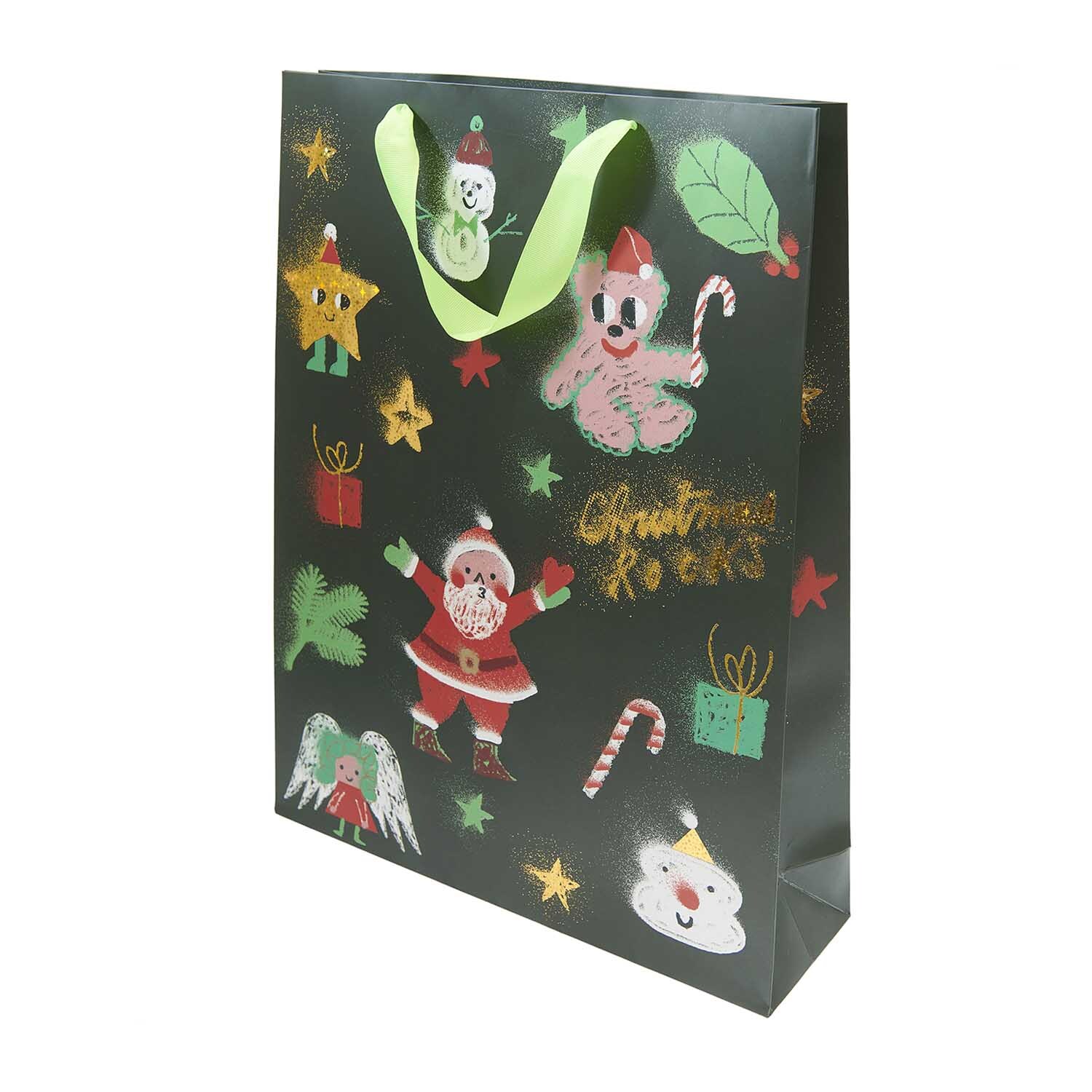 Paper Poetry Geschenktüte mit weihnachtlichen Motiven wie Santa und Schneemann auf schwarzem Hintergrund. Ideal für festliche Geschenke.
