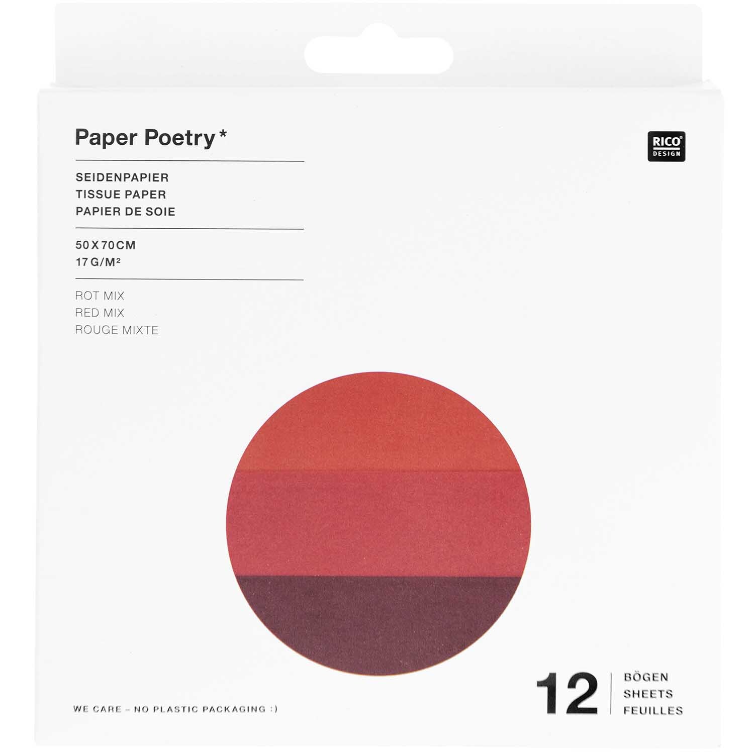 Paper Poetry Seidenpapier rot sortiert 50x70cm 12 Bögen von Rico Design Paper Poetry Seidenpapier in verschiedenen Rottönen, 50x70cm, 12 Bögen, von Rico Design. Verpackung zeigt Farbverlauf.